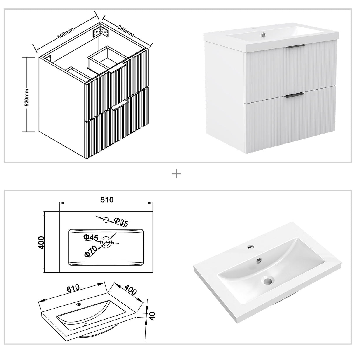 Modern Splash Wall Mounted White Bathroom Vanity Unit With Artificial Stone Basin And 2 Soft Close Drawers  600*385*520mm