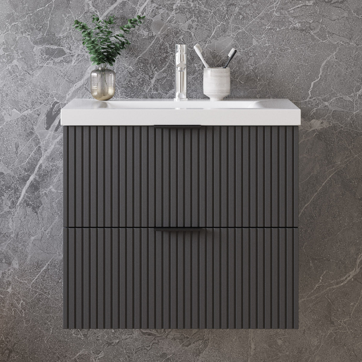 Modern Splash Wall Mounted Anthracite Bathroom Vanity Unit With Thick Ceramic Basin And 2 Soft Close Drawers  600*385*520mm