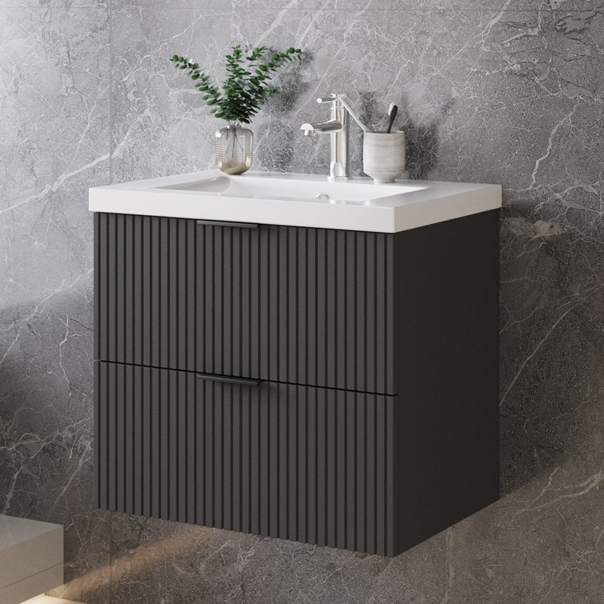 Modern Splash Wall Mounted Anthracite Bathroom Vanity Unit With Thick Ceramic Basin And 2 Soft Close Drawers  600*385*520mm