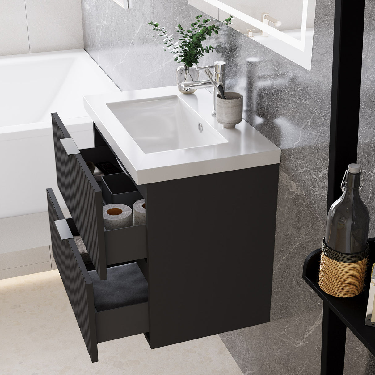 Modern Splash Wall Mounted Anthracite Bathroom Vanity Unit With Thick Ceramic Basin And 2 Soft Close Drawers  600*385*520mm
