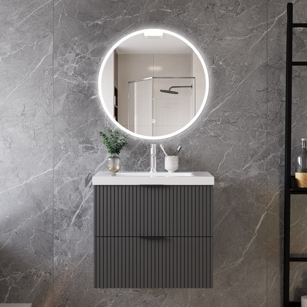 Modern Splash Wall Mounted Anthracite Bathroom Vanity Unit With Thick Ceramic Basin And 2 Soft Close Drawers  600*385*520mm