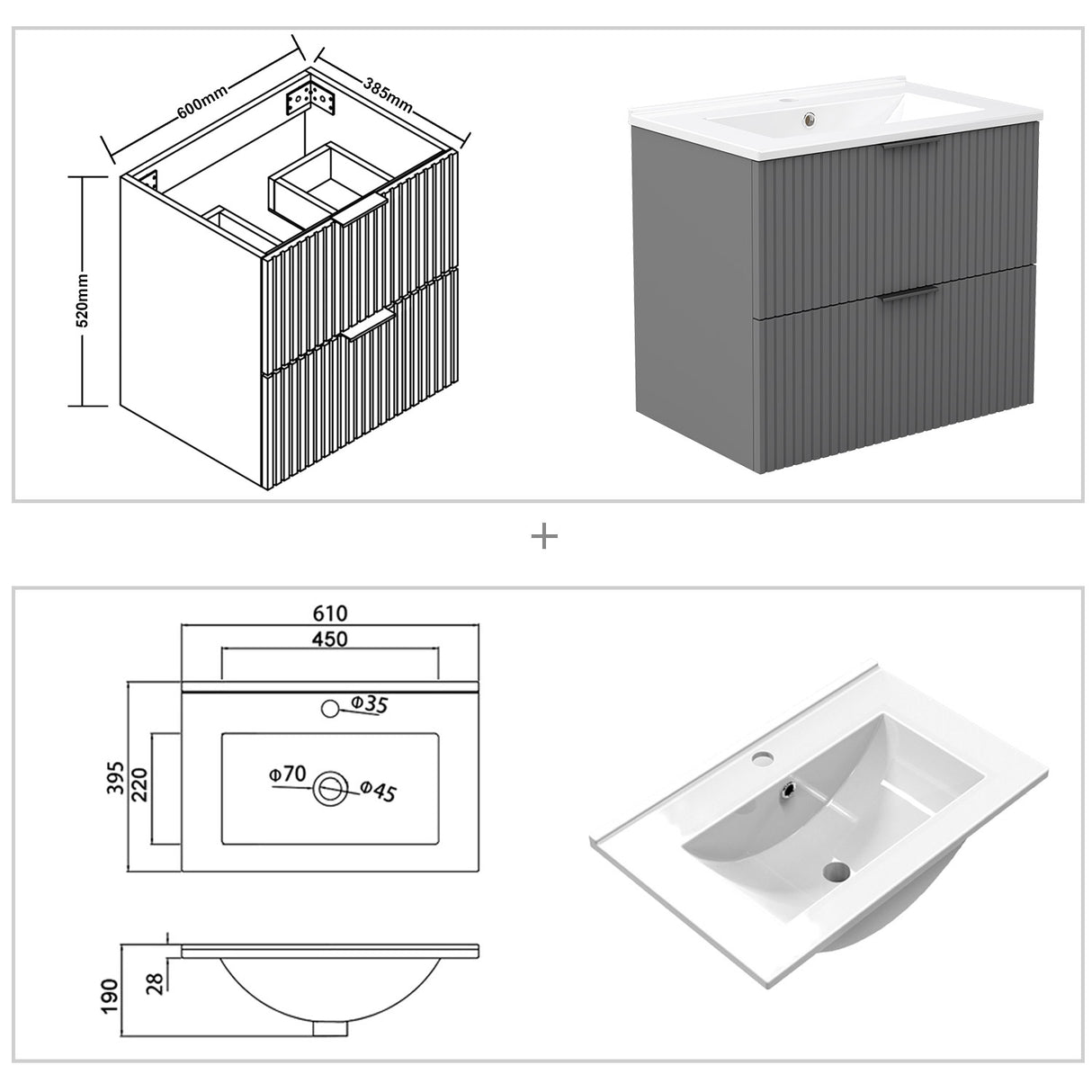 Modern Splash Wall Mounted Anthracite Bathroom Vanity Unit With Thin Ceramic Basin And 2 Soft Close Drawers 600*385*520mm