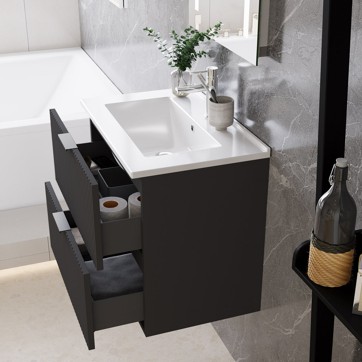 Modern Splash Wall Mounted Anthracite Bathroom Vanity Unit With Thin Ceramic Basin And 2 Soft Close Drawers 600*385*520mm