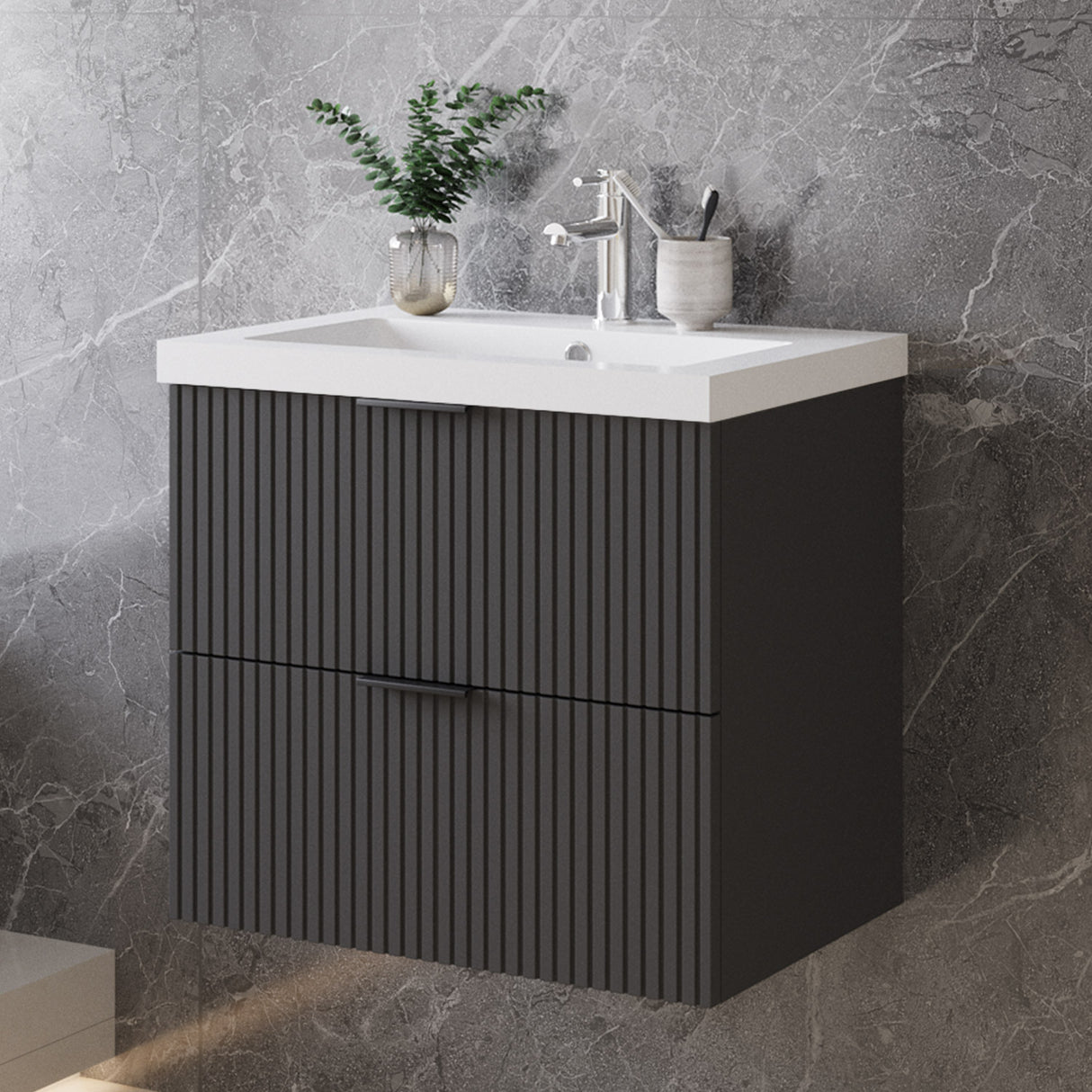 Modern Splash Wall Mounted Anthracite Bathroom Vanity Unit With Artificial Stone Basin And 2 Soft Close Drawers 600*385*520mm