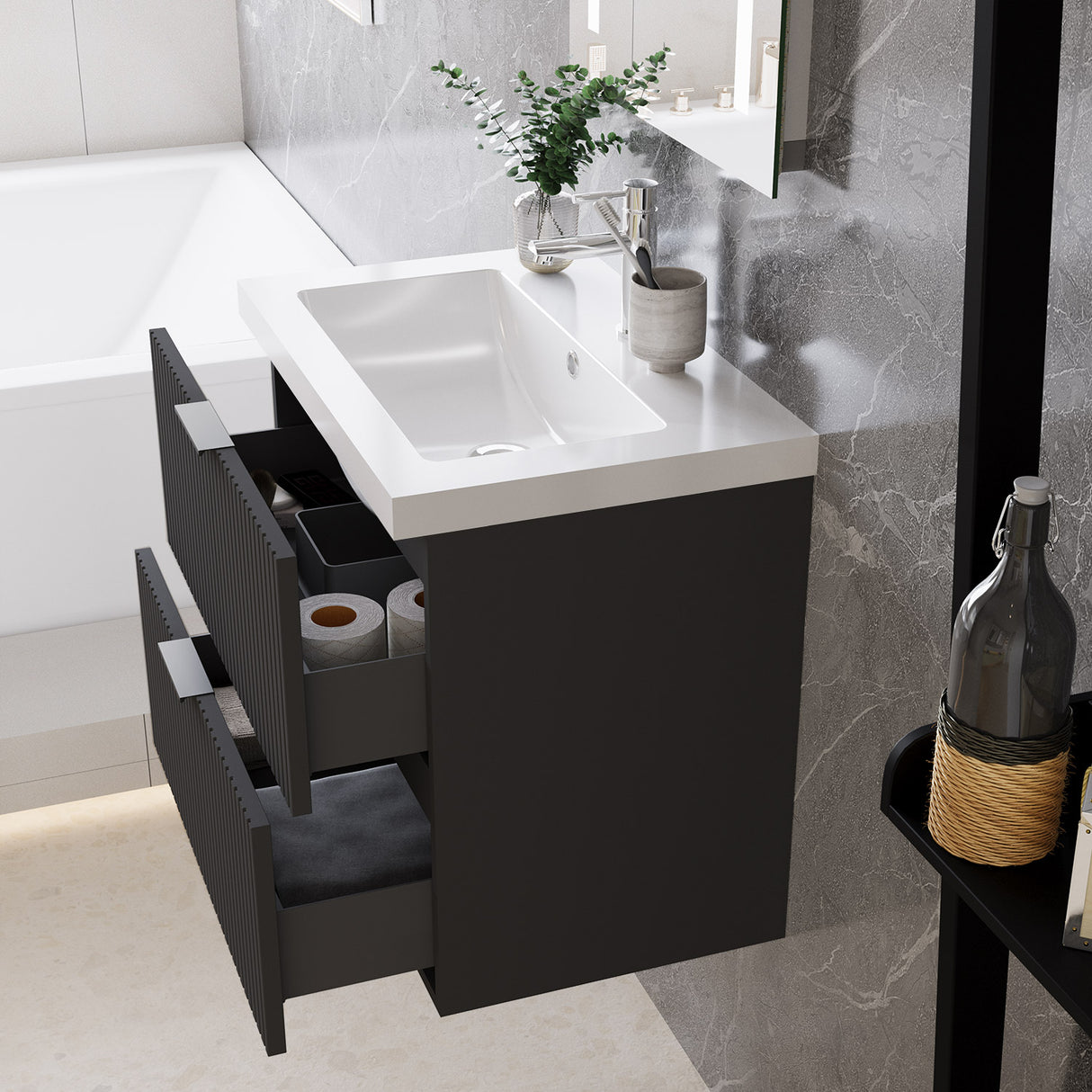 Modern Splash Wall Mounted Anthracite Bathroom Vanity Unit With Artificial Stone Basin And 2 Soft Close Drawers 600*385*520mm