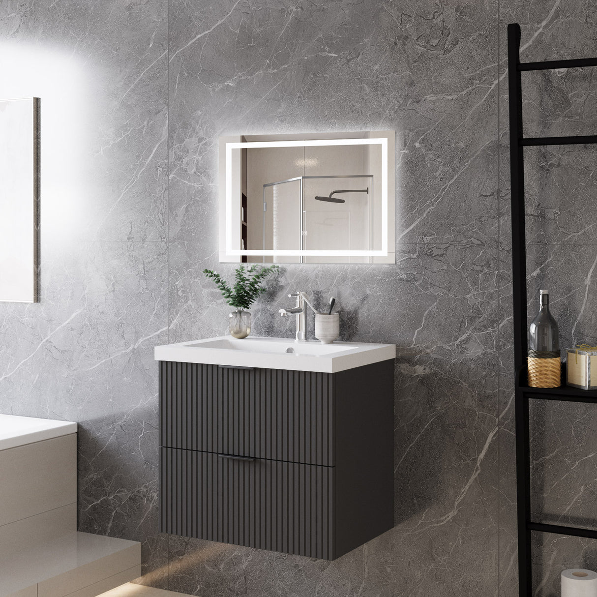 Modern Splash Wall Mounted Anthracite Bathroom Vanity Unit With Artificial Stone Basin And 2 Soft Close Drawers 600*385*520mm