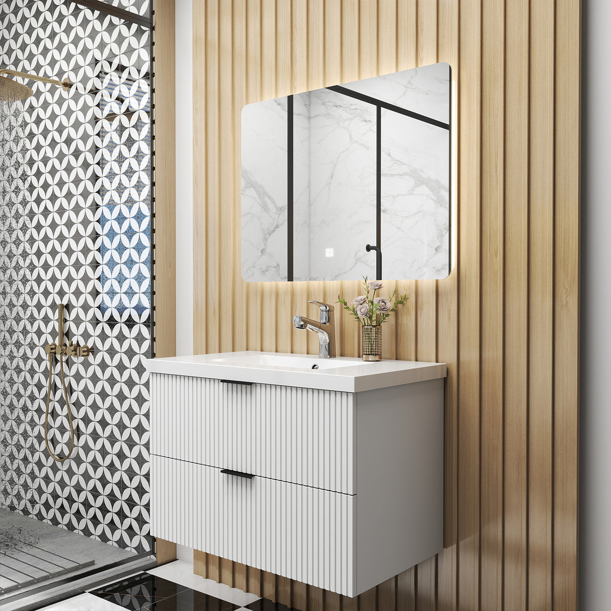 Modern Splash Wall Mounted White Bathroom Vanity Unit With Ceramic Basin And 2 Soft Close Drawers 790*460*520mm