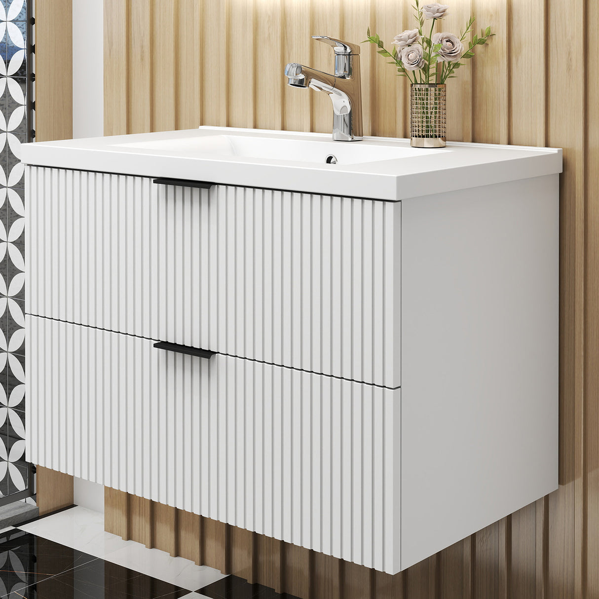 Modern Splash Wall Mounted White Bathroom Vanity Unit With Thick Ceramic Basin And 2 Soft Close Drawers 790*460*520mm