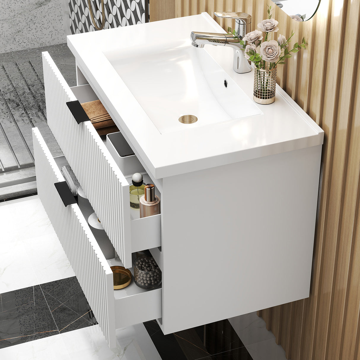 Modern Splash Wall Mounted White Bathroom Vanity Unit With Thick Ceramic Basin And 2 Soft Close Drawers 790*460*520mm
