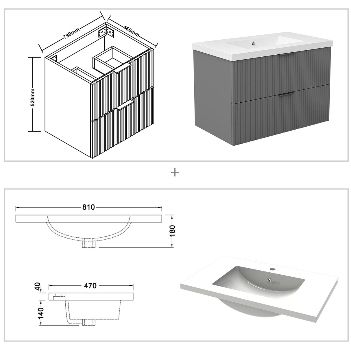 Modern Splash Wall Mounted Anthracite Bathroom Vanity Unit With Artificial Stone Basin And 2 Soft Close Drawers 790*460*520mm