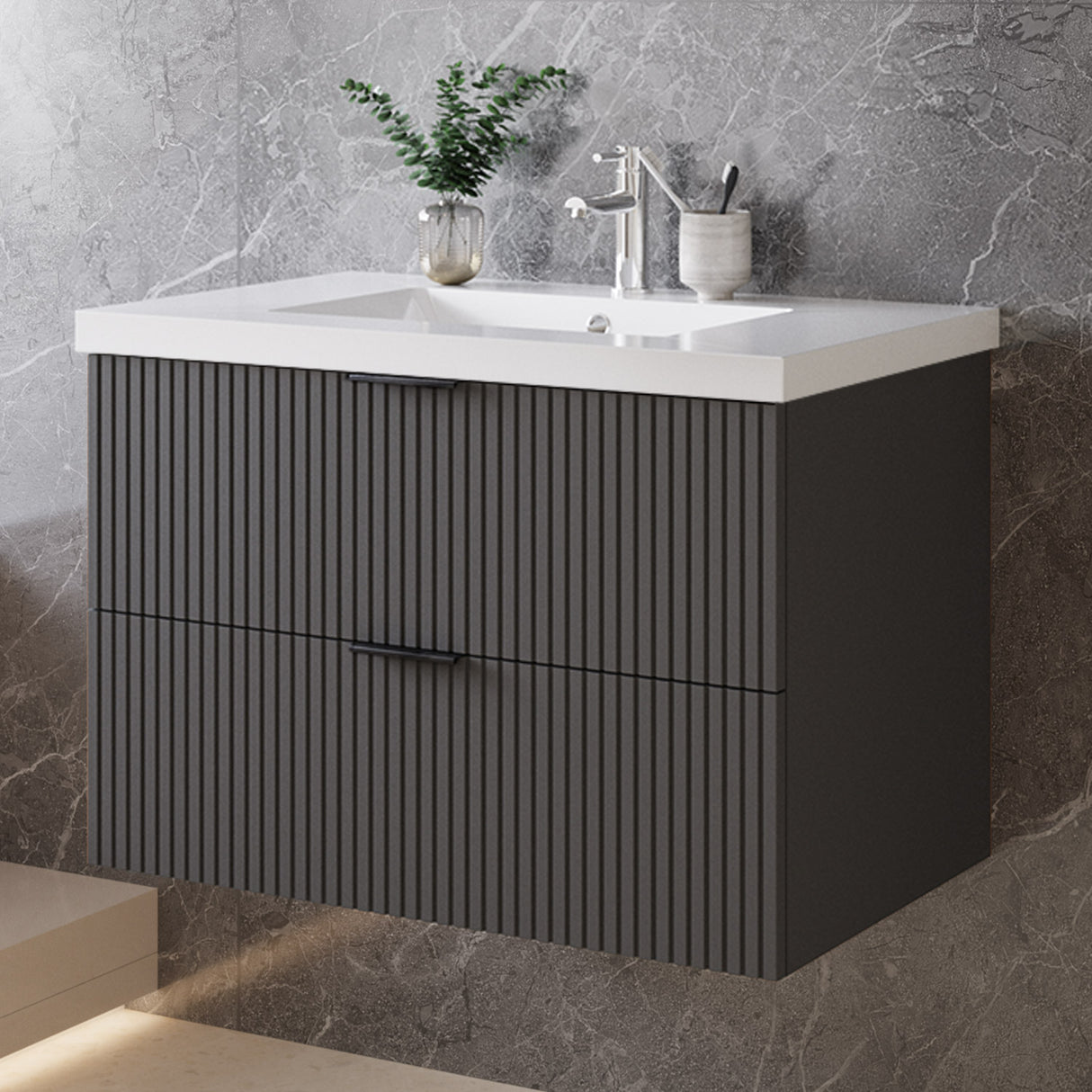 Modern Splash Wall Mounted Anthracite Bathroom Vanity Unit With Artificial Stone Basin And 2 Soft Close Drawers 790*460*520mm