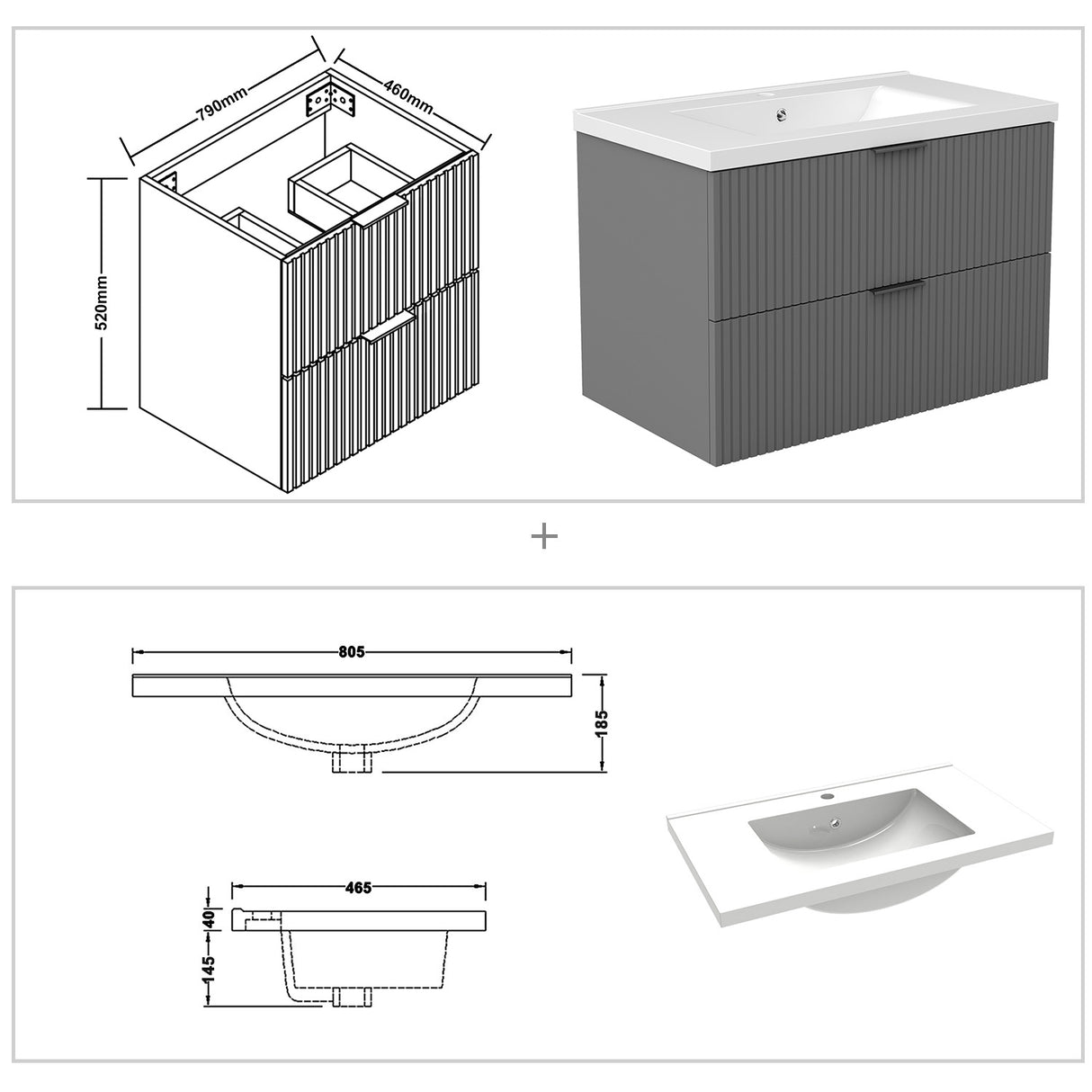 Modern Splash Wall Mounted Anthracite Bathroom Vanity Unit With Thick Ceramic Basin And 2 Soft Close Drawers 790*460*520mm