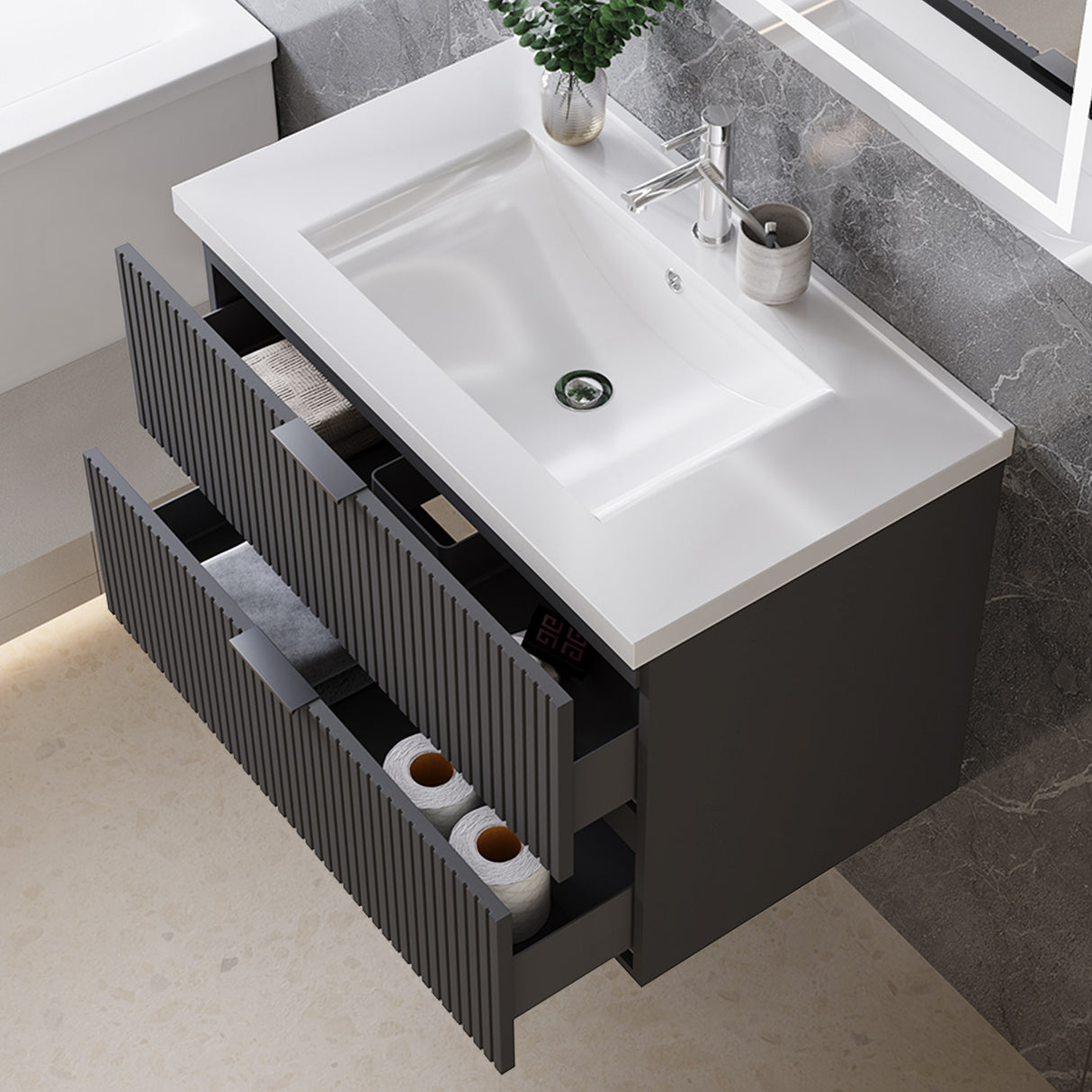 Modern Splash Wall Mounted Anthracite Bathroom Vanity Unit With Thick Ceramic Basin And 2 Soft Close Drawers 790*460*520mm