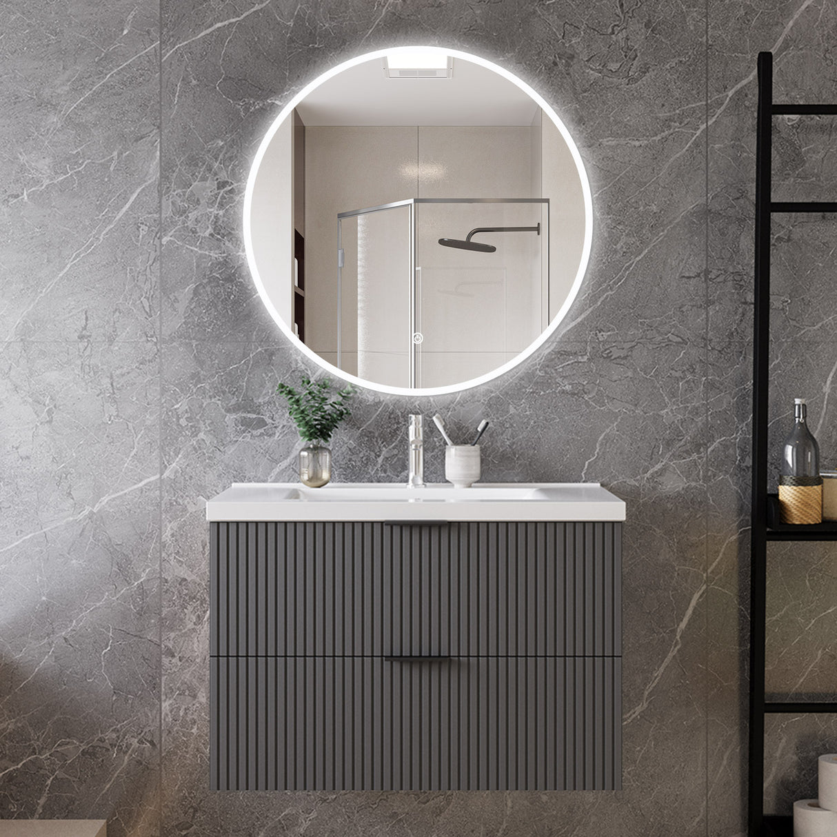 Modern Splash Wall Mounted Anthracite Bathroom Vanity Unit With Thick Ceramic Basin And 2 Soft Close Drawers 790*460*520mm