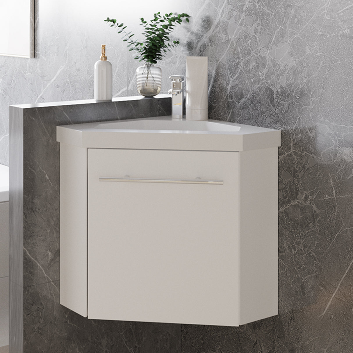 Modern Splash Mat white Corner Bathroom Vanity Unit With Integrated Sink 1 Door Soft-Close 395*395*420mm