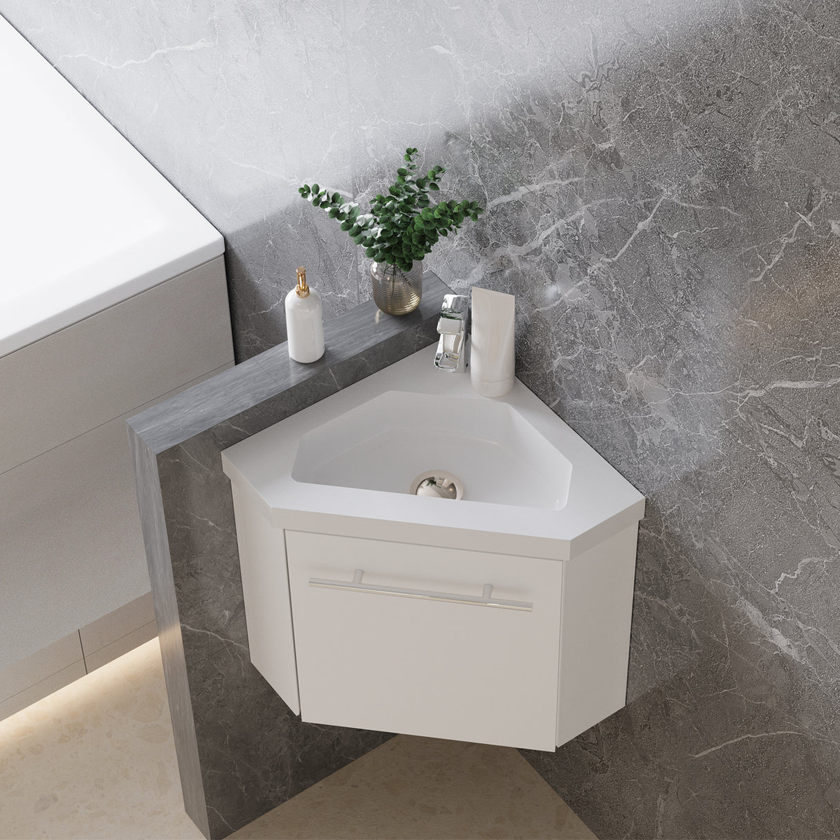 Modern Splash Mat white Corner Bathroom Vanity Unit With Integrated Sink 1 Door Soft-Close 395*395*420mm