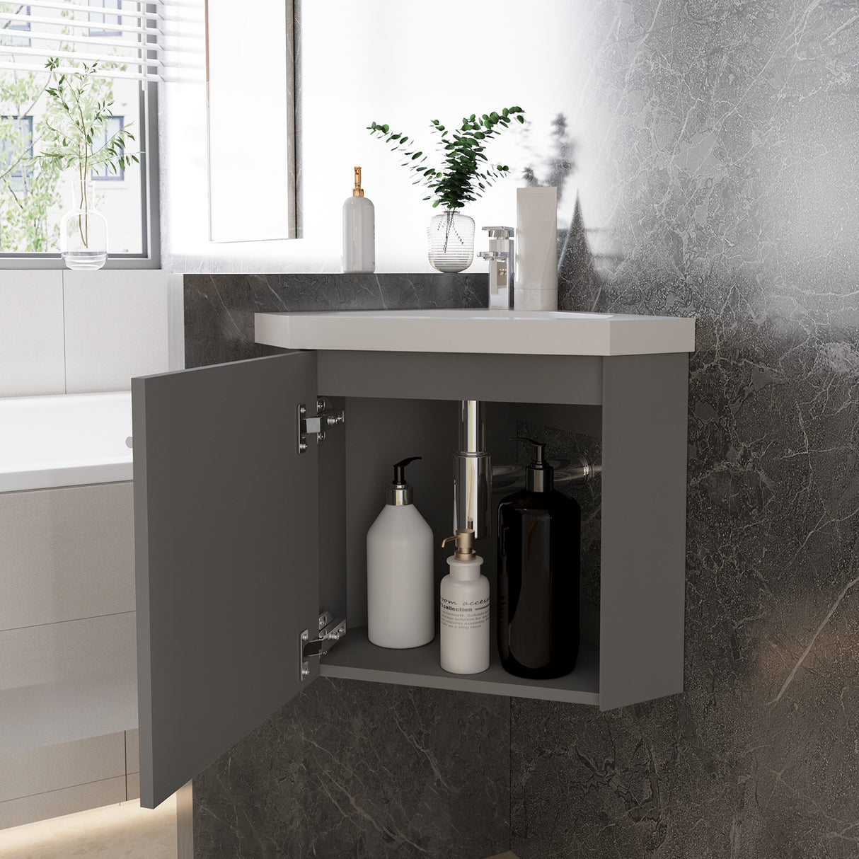 Modern Splash Mat Anthracite Corner Bathroom Vanity Unit With Integrated Sink 1 Door Soft-Close 395*395*420mm