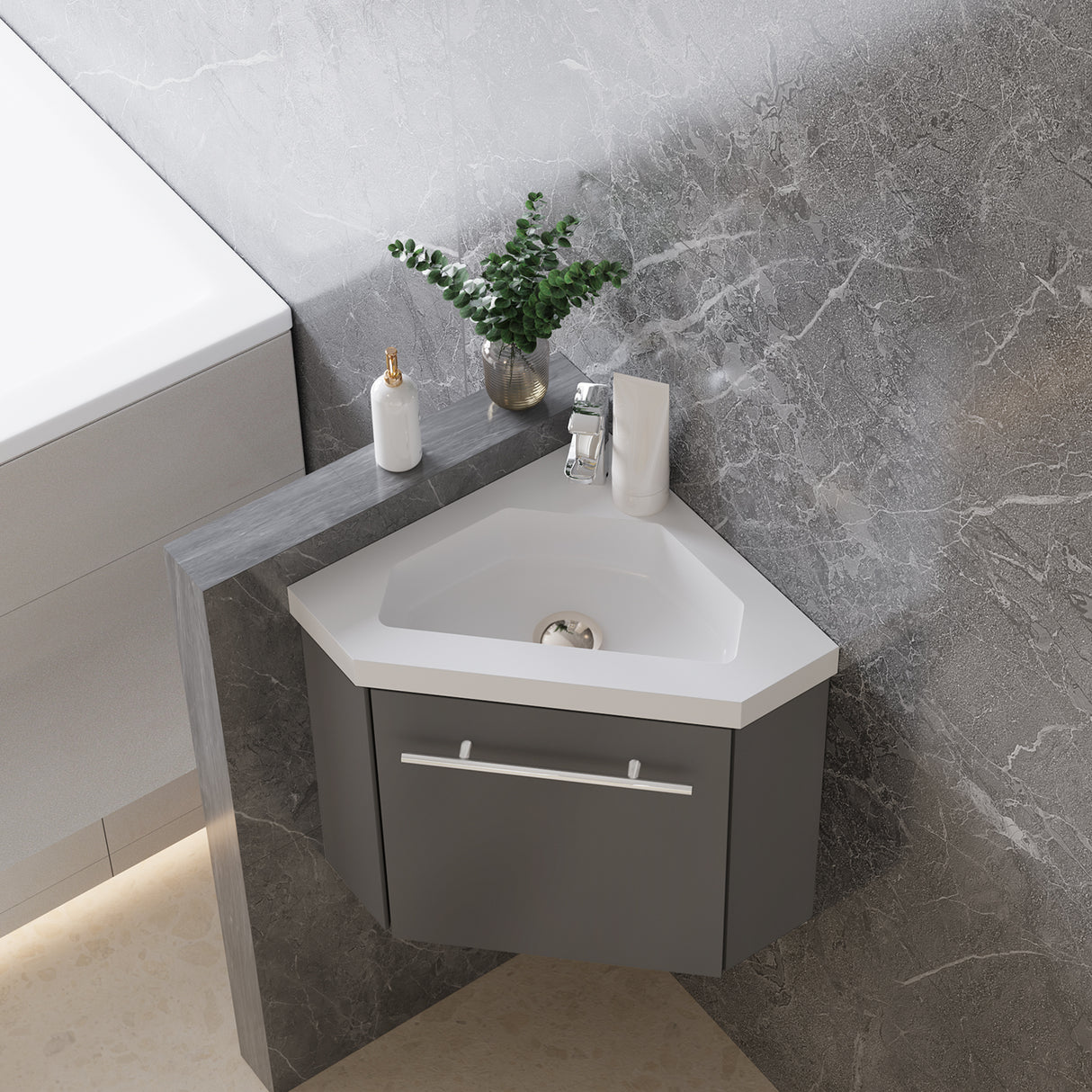 Modern Splash Mat Anthracite Corner Bathroom Vanity Unit With Integrated Sink 1 Door Soft-Close 395*395*420mm
