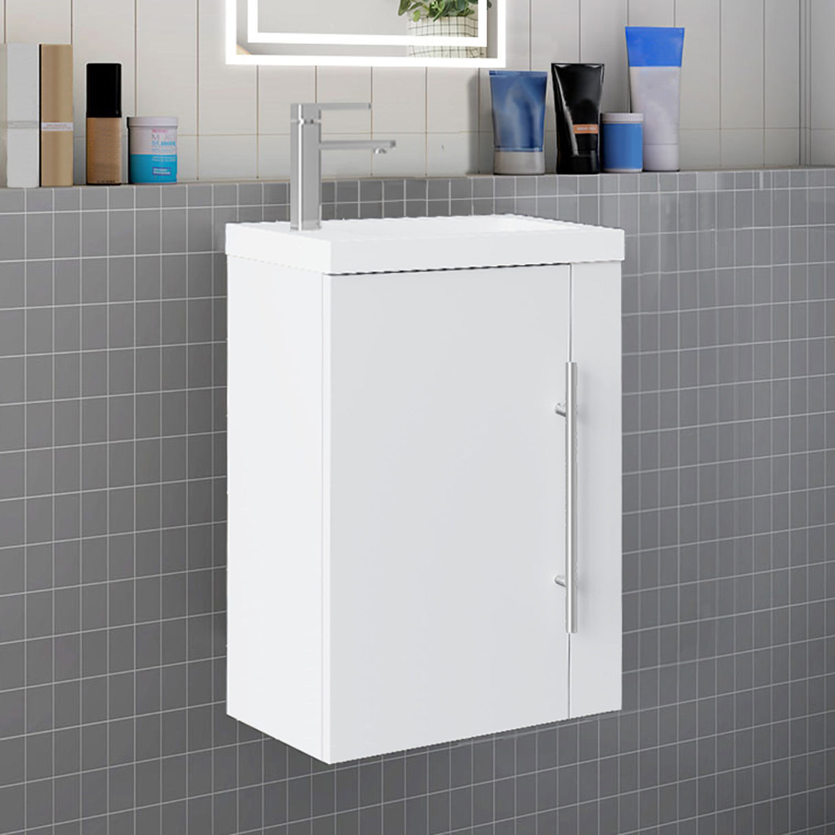 Modern Splash Wall-Mounted Mat White Free Standing Bathroom Vanity Unit With Integrated Sink 1 Door Soft-Close door 440*230*600mm