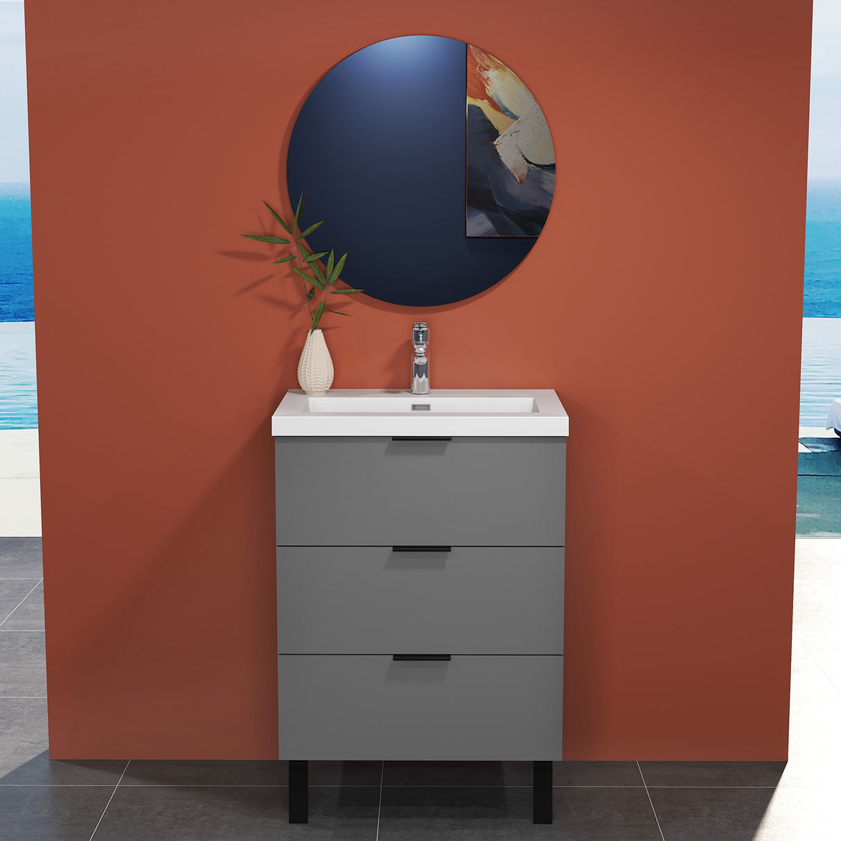 Modern Splash Anthracite Bathroom Vanity With Thick Ceramic Basin And 3 Soft Close Drawers 600*385*850mm