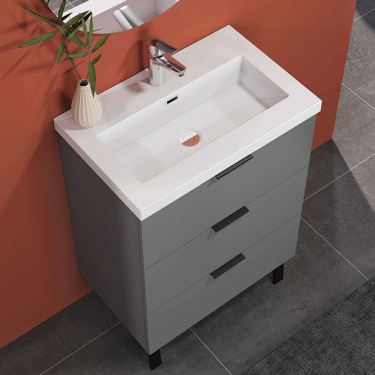 Modern Splash Anthracite Bathroom Vanity With Square Basin And 3 Soft Close Drawers 600*385*850mm