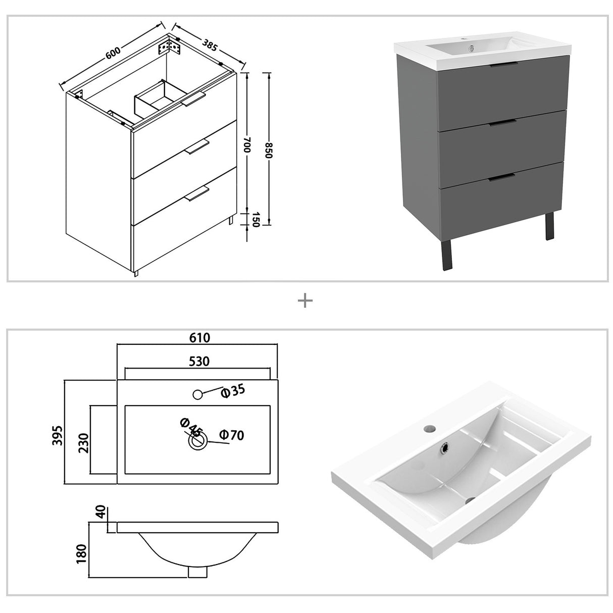 Modern Splash Anthracite Bathroom Vanity With Thick Ceramic Basin And 3 Soft Close Drawers 600*385*850mm