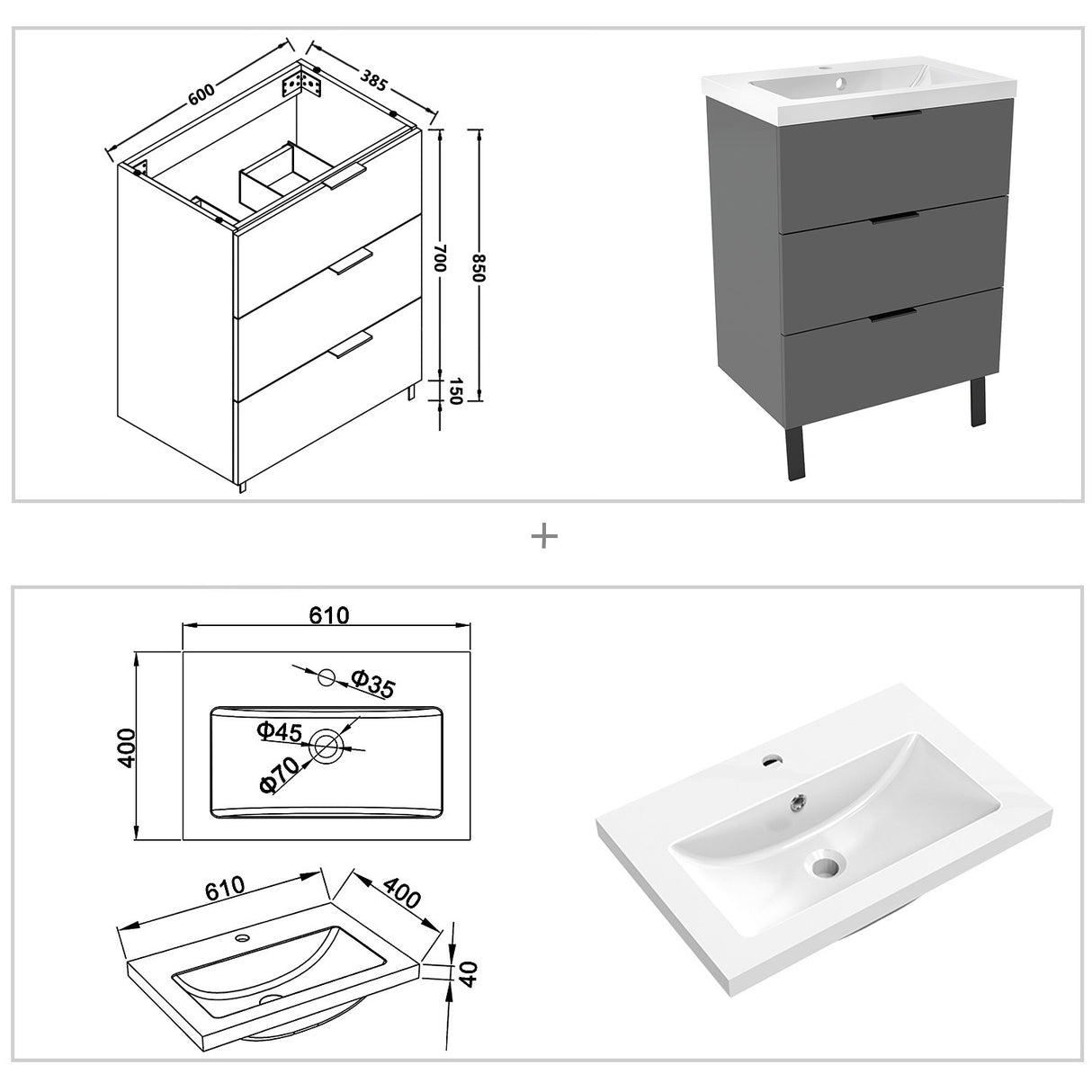 Modern Splash Anthracite Bathroom Vanity With Square Basin And 3 Soft Close Drawers 600*385*850mm