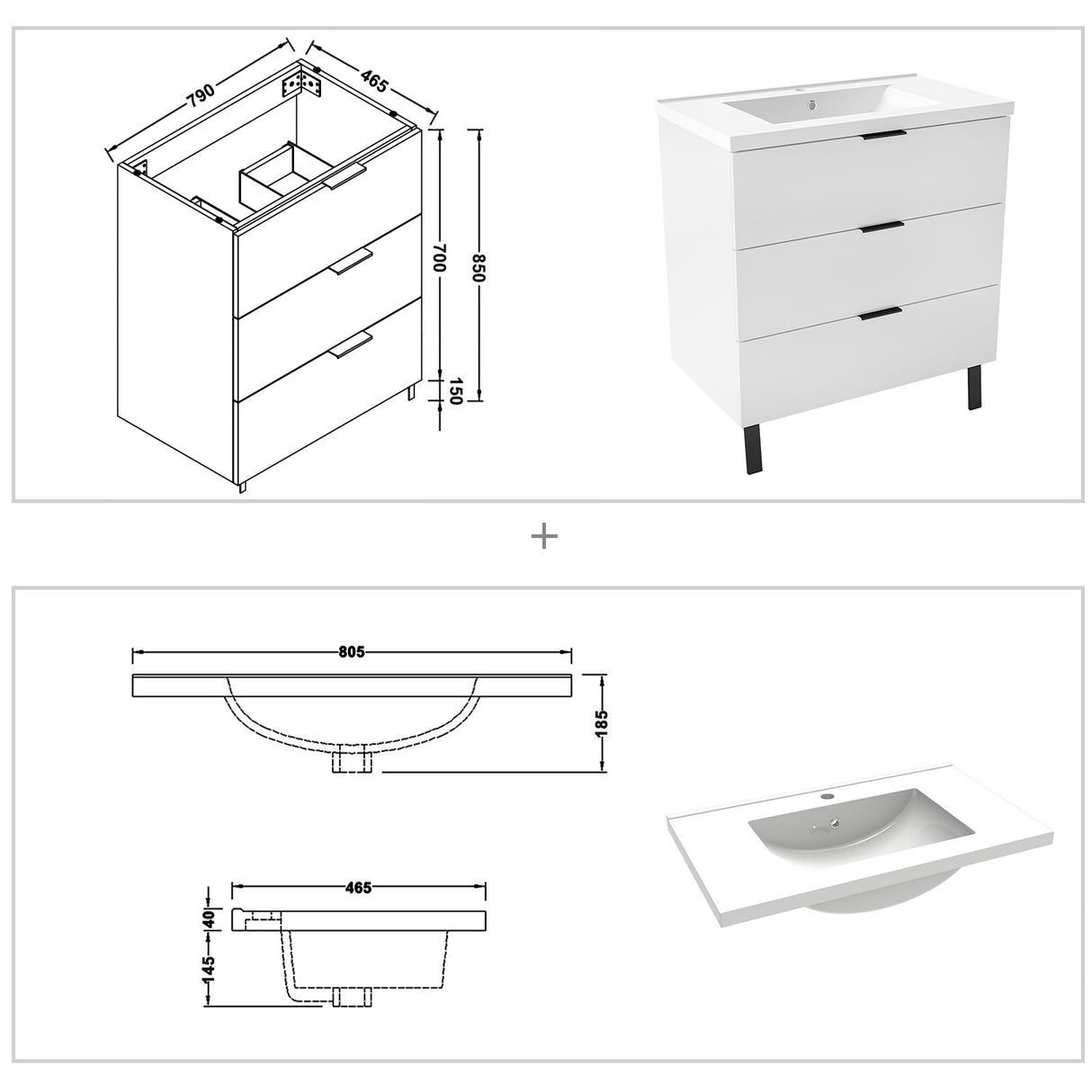 Modern Splash White Bathroom Vanity With Thick Ceramic Basin And 3 Soft Close Drawers 800*460*850mm