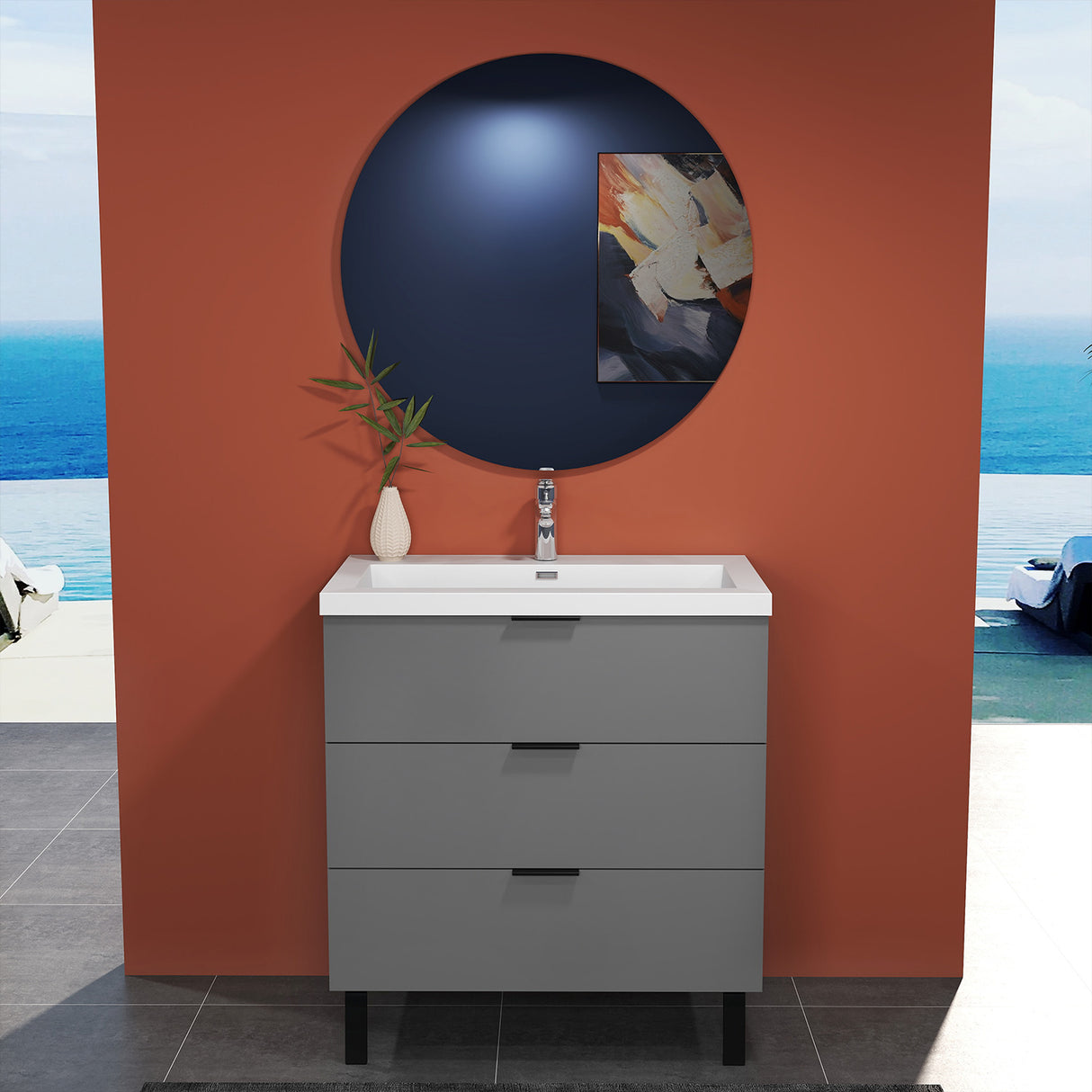 Modern Splash Anthracite Bathroom Vanity With Thick Ceramic Basin And 3 Soft Close Drawers 800*460*850mm