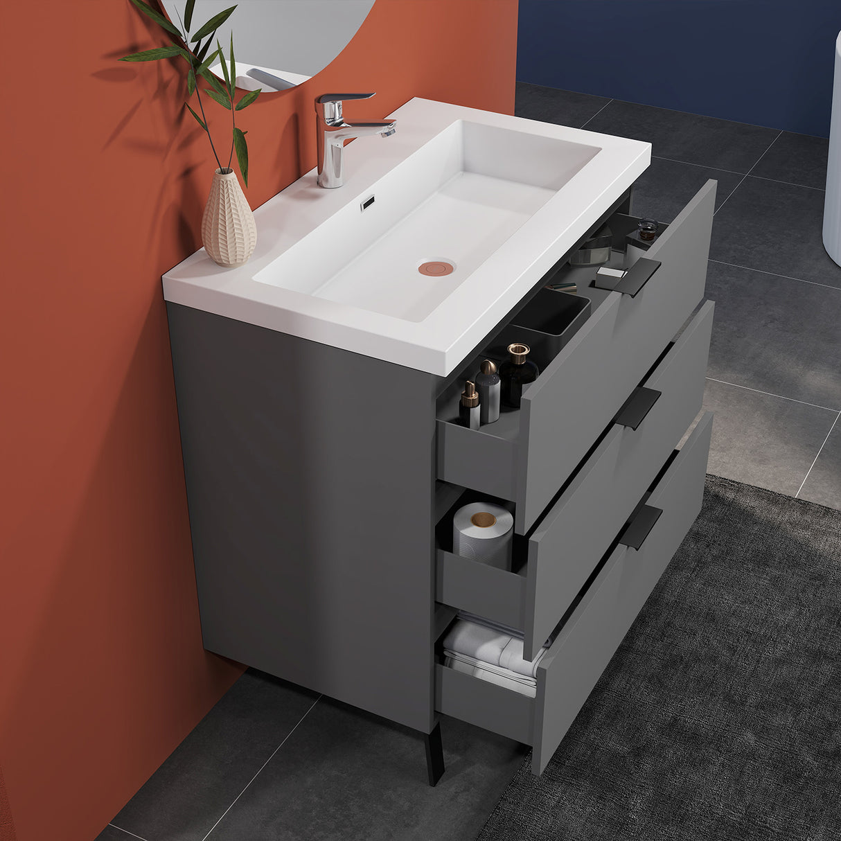 Modern Splash Anthracite Bathroom Vanity With Square Basin And 3 Soft Close Drawers 800*460*850mm