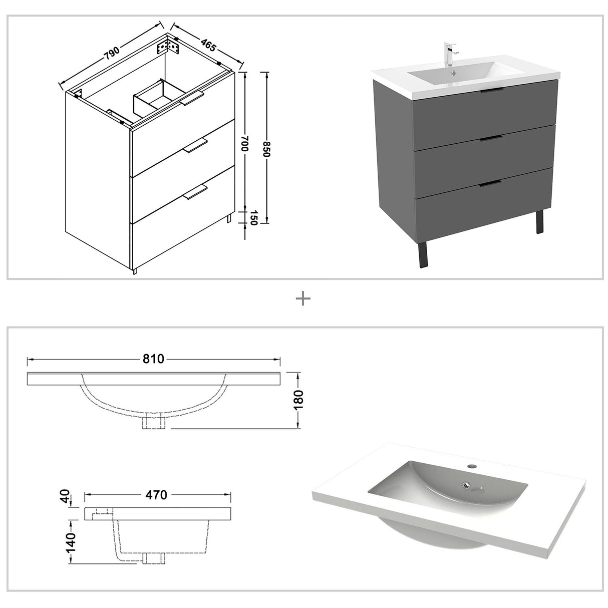 Modern Splash Anthracite Bathroom Vanity With Square Basin And 3 Soft Close Drawers 800*460*850mm