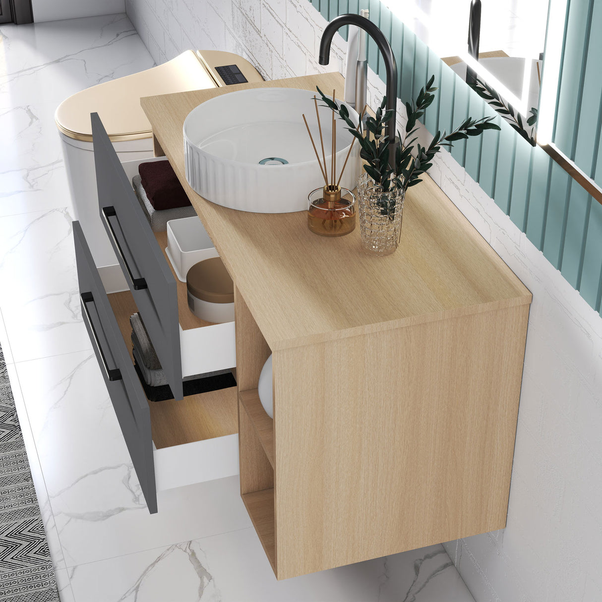 Modern Splash Wall-Mounted Bathroom Vanity Unit With 2 Soft Close Drawers Ceramic Basin Oak Anthracite 990*460*520mm 360A