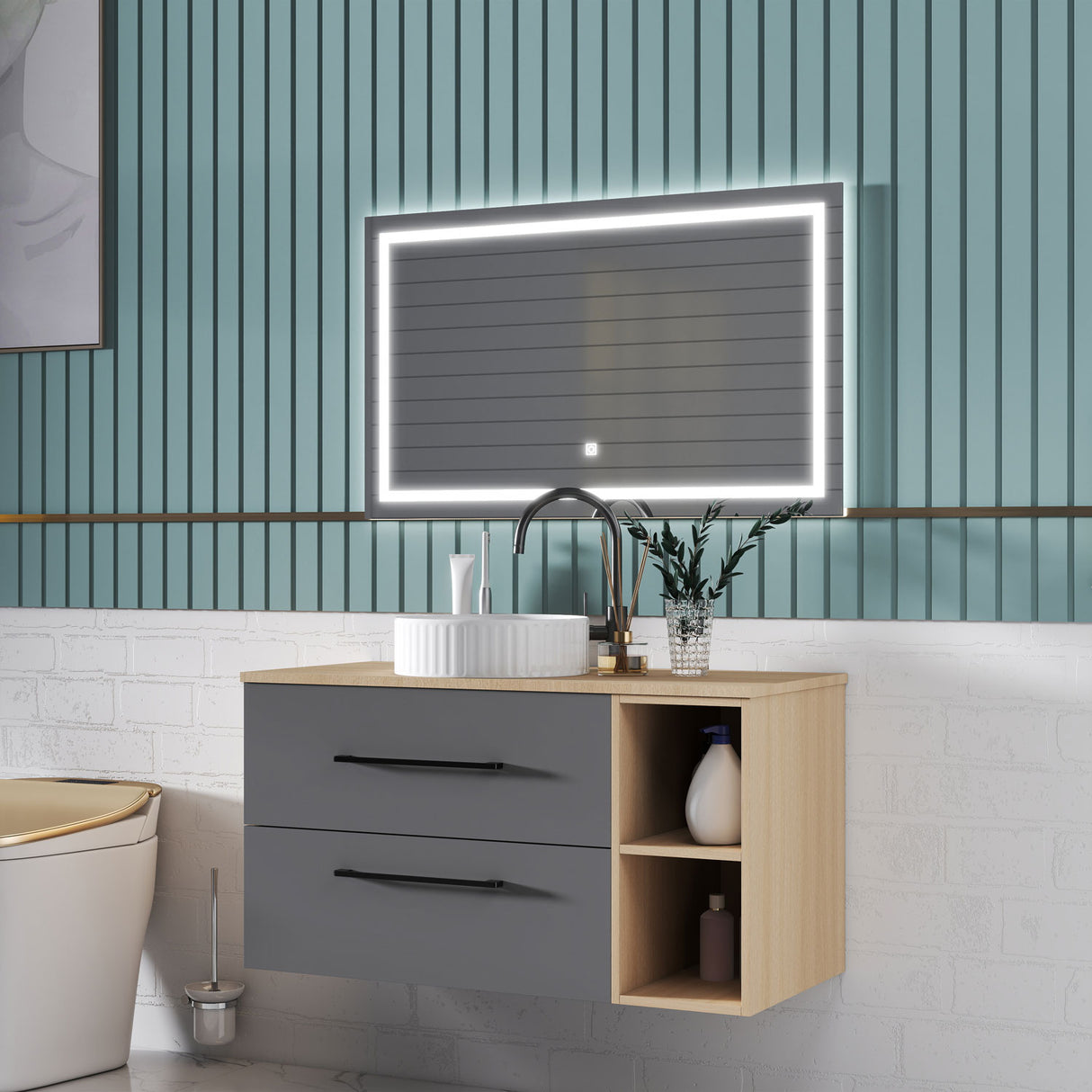 Modern Splash Wall-Mounted Bathroom Vanity Unit With 2 Soft Close Drawers Ceramic Basin Oak Anthracite 990*460*520mm 360A