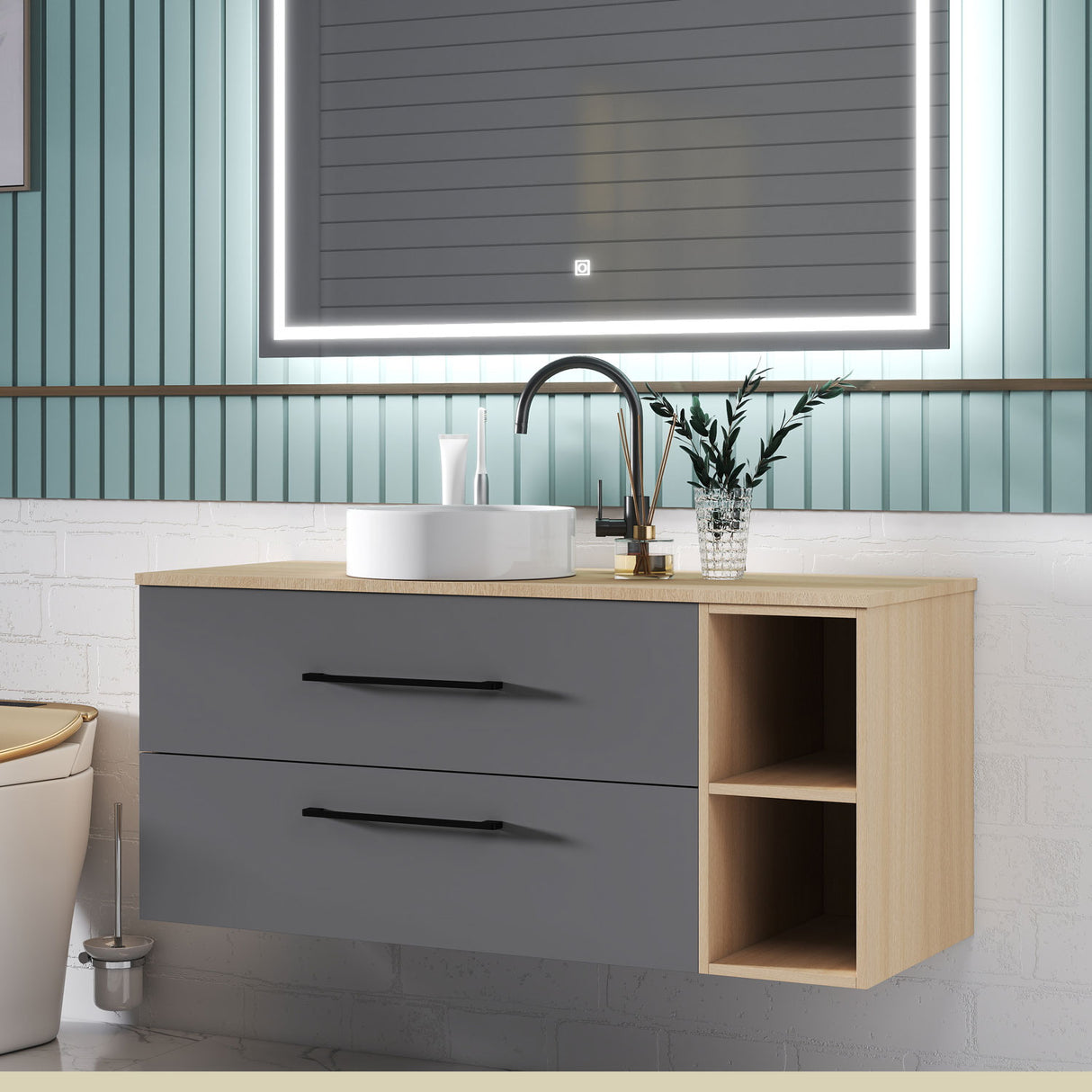 Modern Splash Wall-Mounted Bathroom Vanity Unit With 2 Soft Close Drawers Ceramic Basin Oak Anthracite 1200*460*520mm 350A