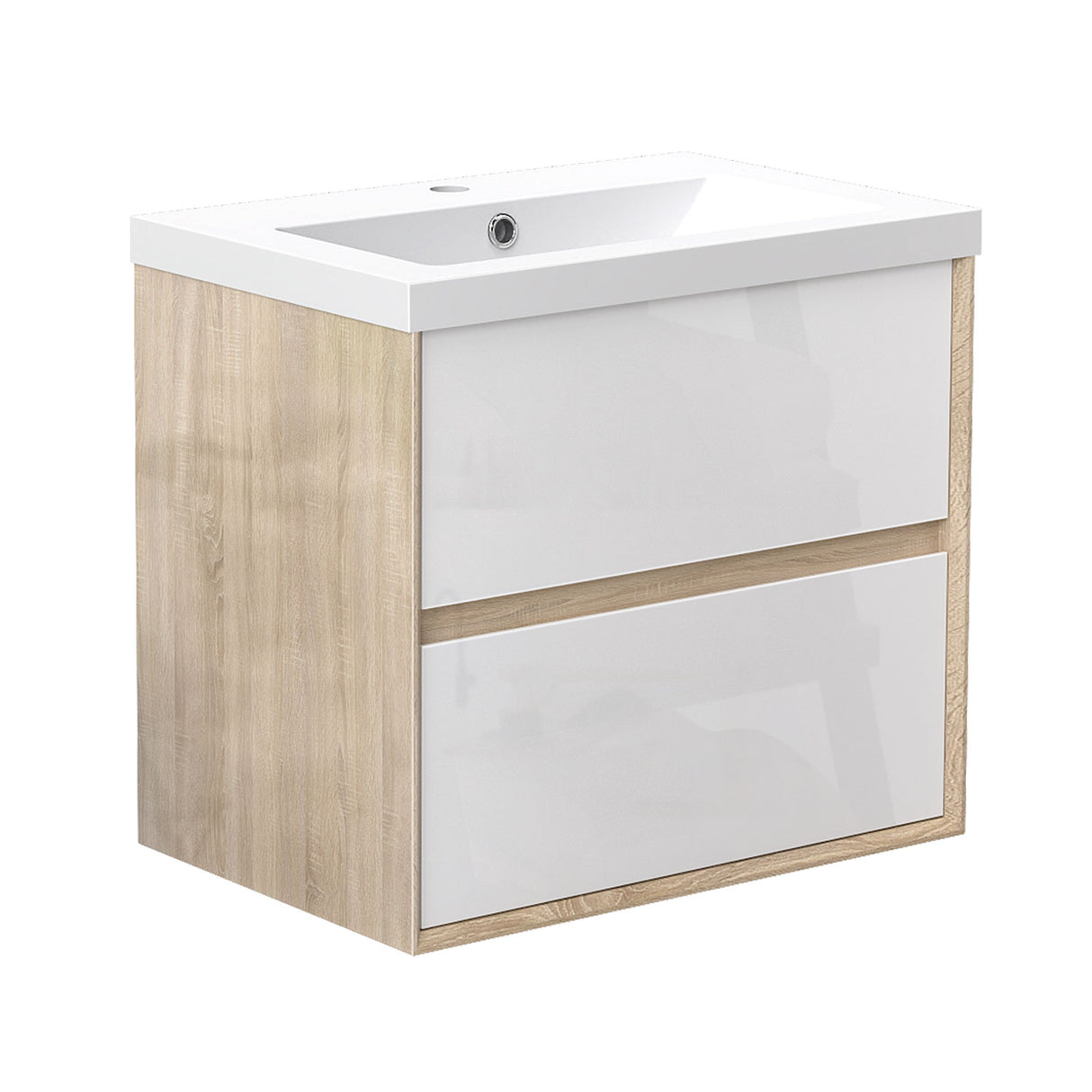 Modern Splash Wall Mounted Bathroom Vanity Unit With Artificial Stone Basin And 2 Soft Close Drawers Gloss WhiteOak 600*400*520mm