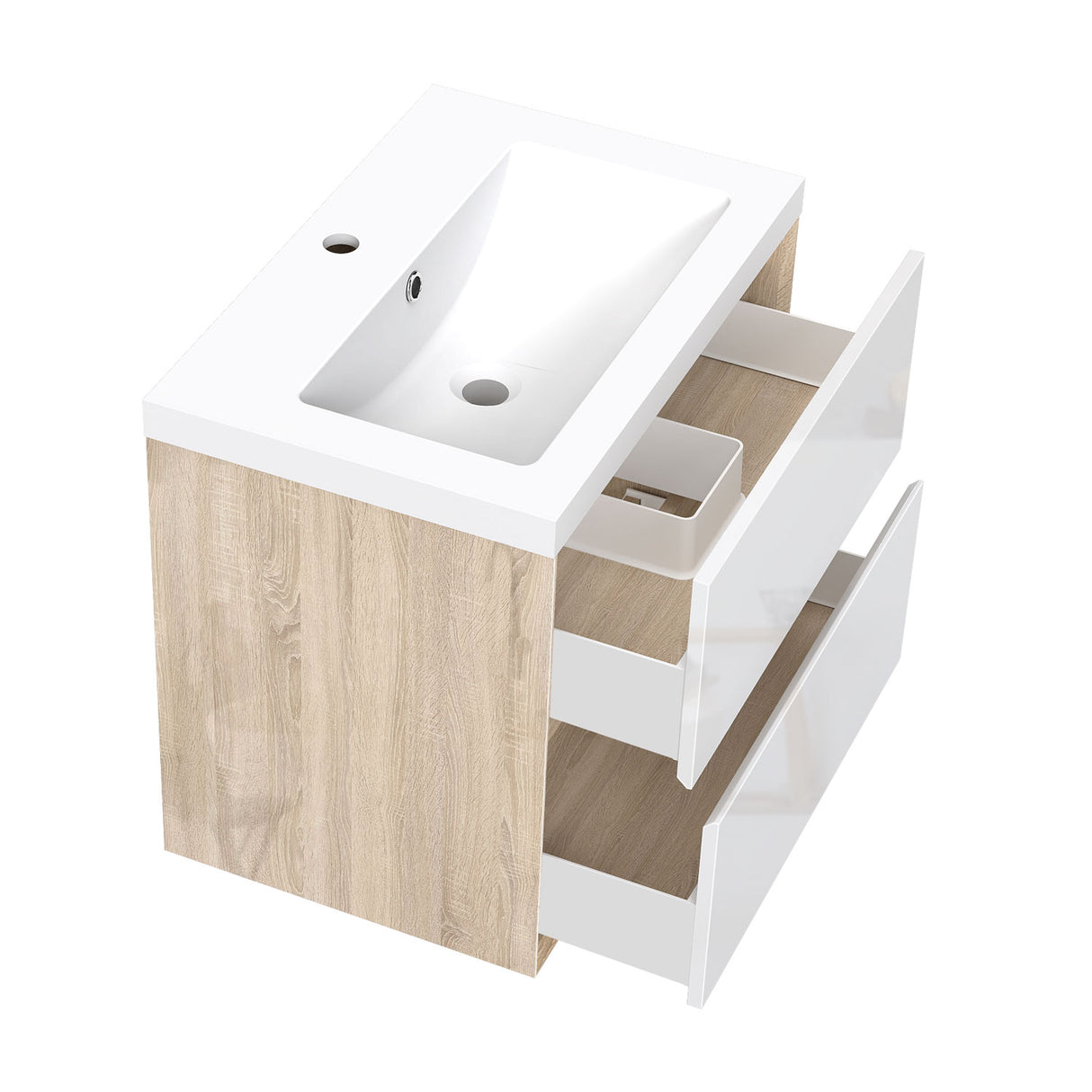 Modern Splash Wall Mounted Bathroom Vanity Unit With Artificial Stone Basin And 2 Soft Close Drawers Gloss WhiteOak 600*400*520mm