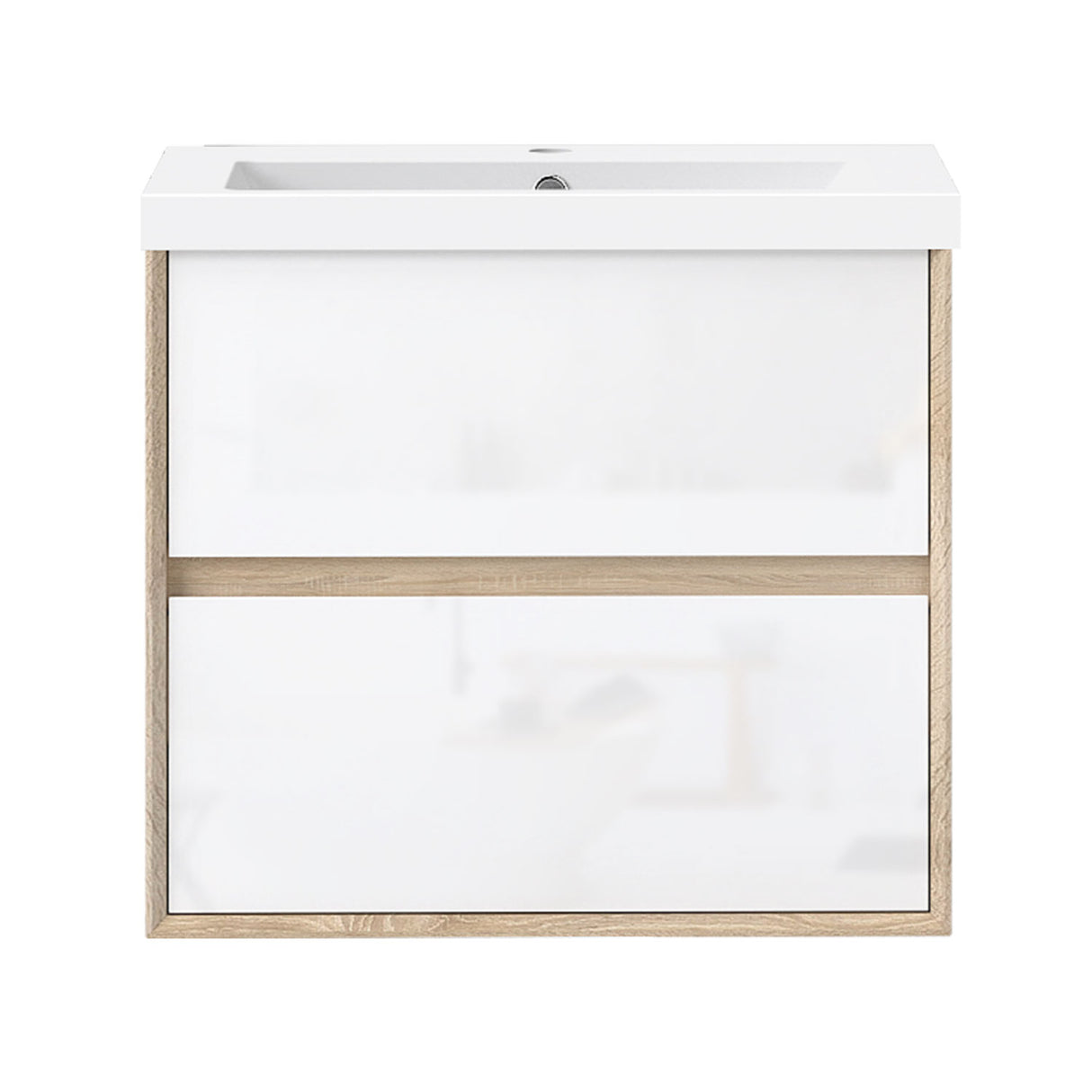 Modern Splash Wall Mounted Bathroom Vanity Unit With Artificial Stone Basin And 2 Soft Close Drawers Gloss WhiteOak 600*400*520mm