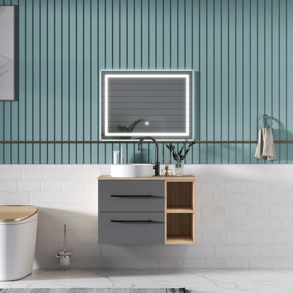 Modern Splash Wall-Mounted Bathroom Vanity Unit With 2 Soft Close Drawers Ceramic Basin Oak Anthracite 790*460*520mm 350A