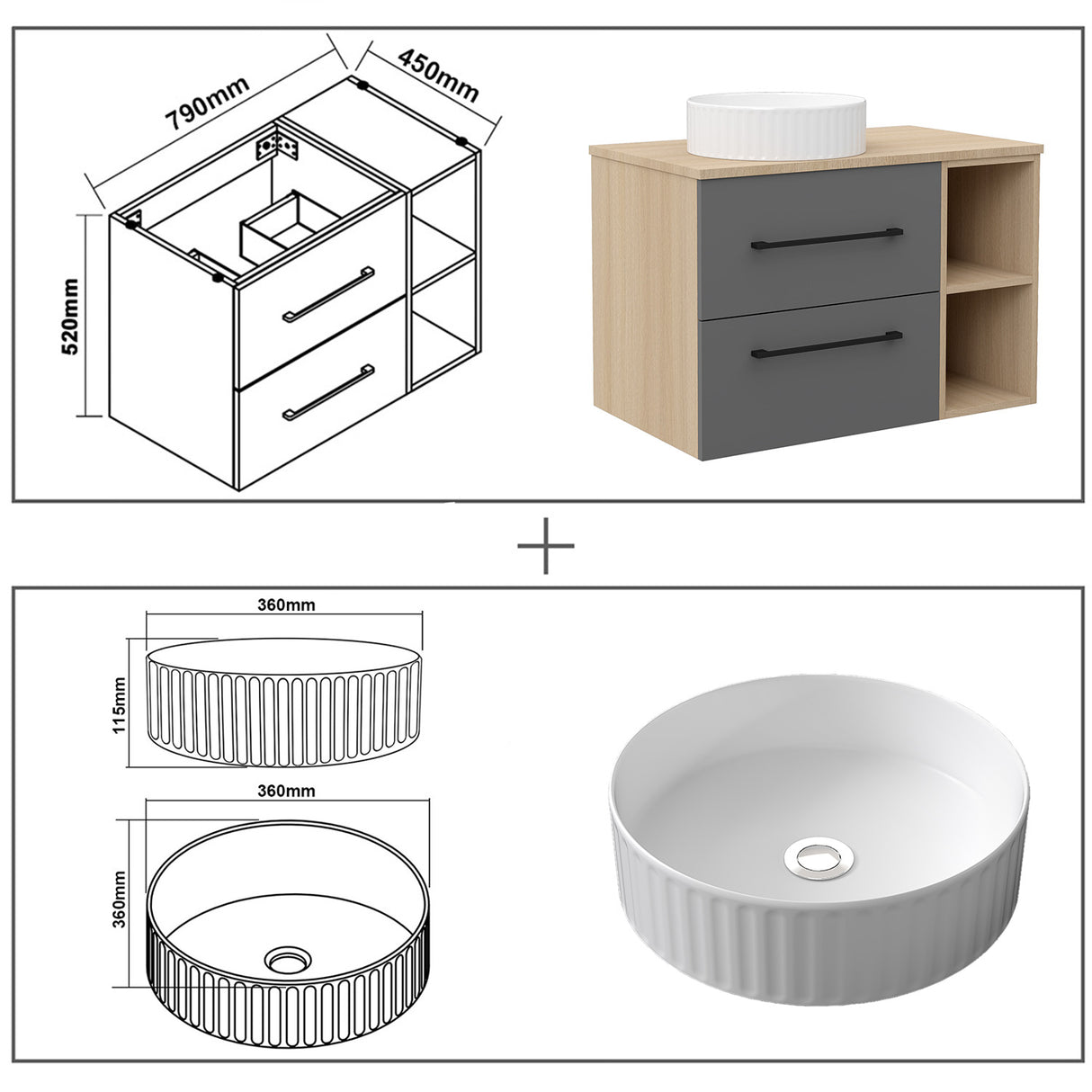 Modern Splash Wall-Mounted Bathroom Vanity Unit With 2 Soft Close Drawers Ceramic Basin Oak Anthracite 790*460*520mm 360A