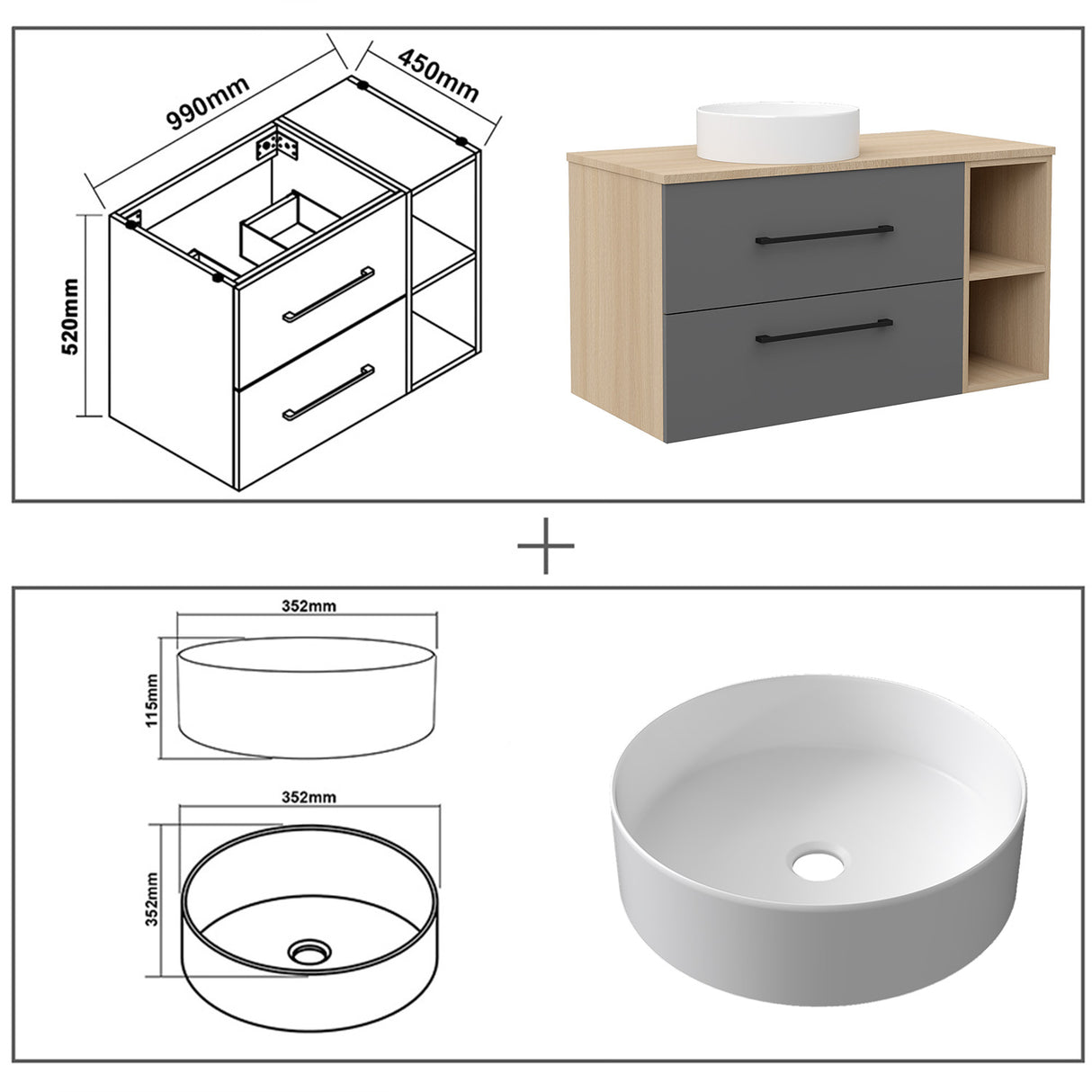 Modern Splash Wall-Mounted Bathroom Vanity Unit With 2 Soft Close Drawers Ceramic Basin Oak Anthracite 990*460*520mm 350A