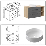 Modern Splash Wall-Mounted Bathroom Vanity Unit With 2 Soft Close Drawers Ceramic Basin Oak Anthracite 990*460*520mm 350A