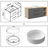 Modern Splash Wall-Mounted Bathroom Vanity Unit With 2 Soft Close Drawers Ceramic Basin Oak Anthracite 1200*460*520mm 350A