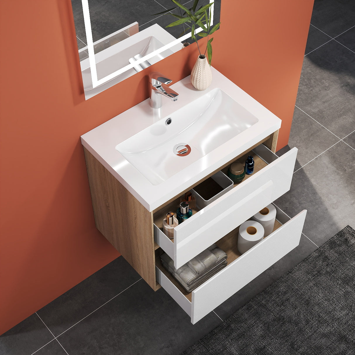 Modern Splash   Wall Mounted Bathroom Vanity Unit With Artificial Stone Basin And 2 Soft Close Drawers Mat WhiteOak 600*400*520mm