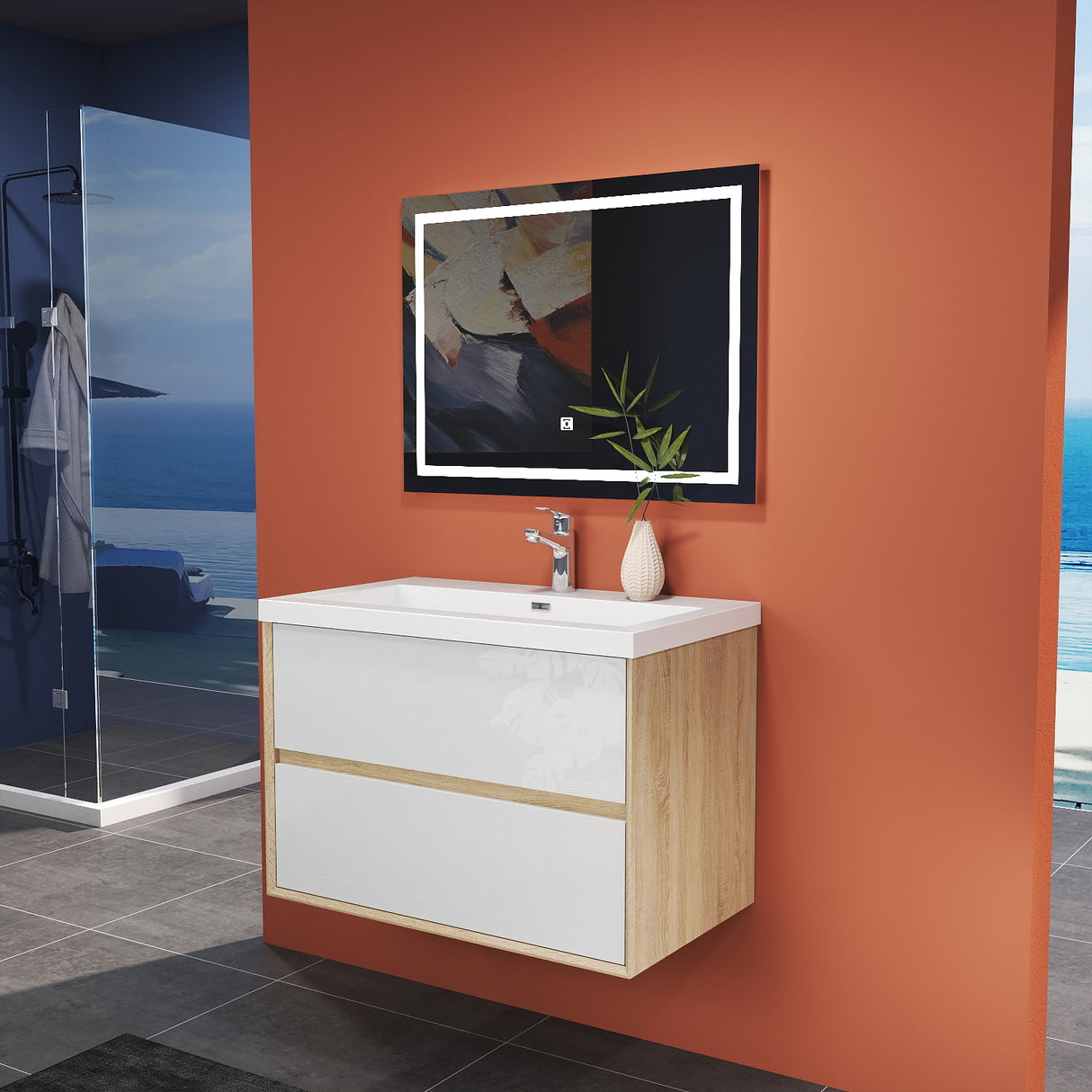Modern Splash Wall Mounted Bathroom Vanity Unit With Artificial Stone Basin And 2 Soft Close Drawers Mat WhiteOak 790*460*520mm