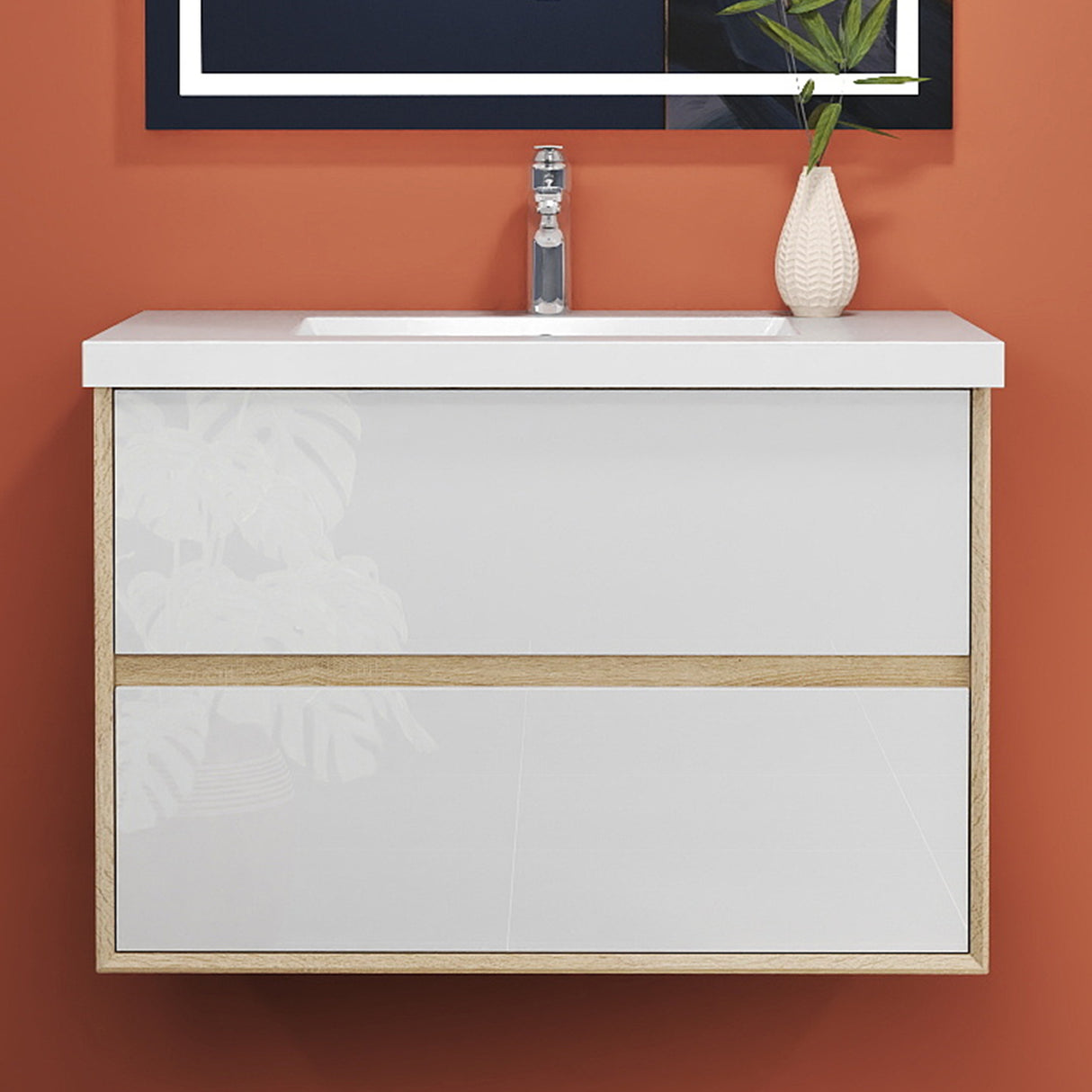 Modern Splash Wall Mounted Bathroom Vanity Unit With Artificial Stone Square Basin And 2 Soft Close Drawers Mat WhiteOak 790*460*520mm