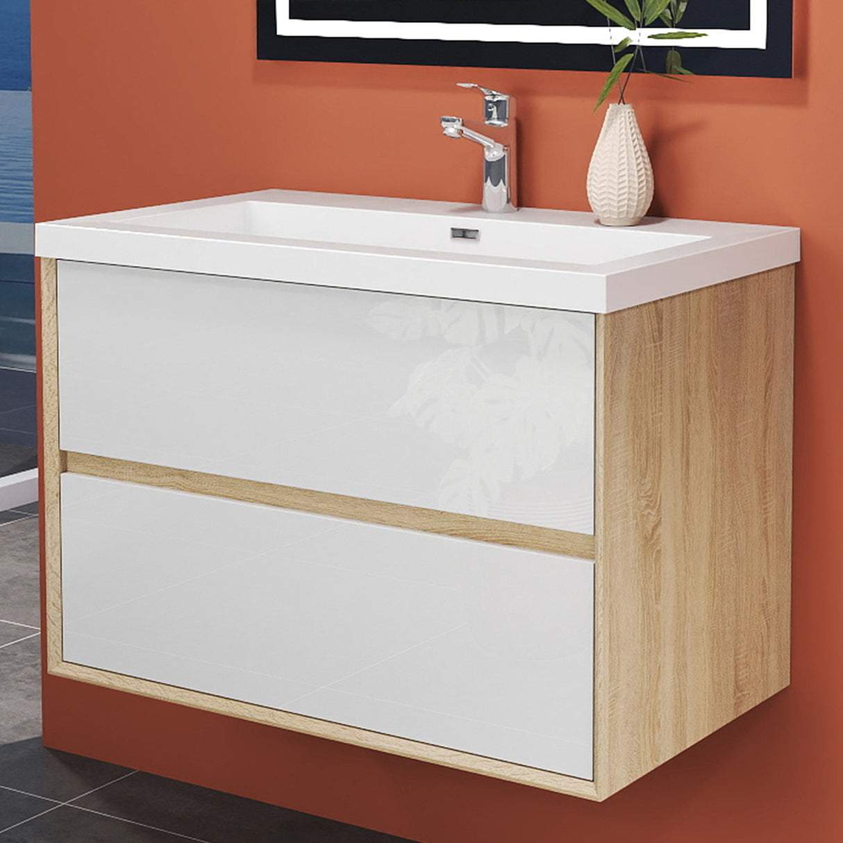 Modern Splash Wall Mounted Bathroom Vanity Unit With Artificial Stone Basin And 2 Soft Close Drawers Mat WhiteOak 790*460*520mm