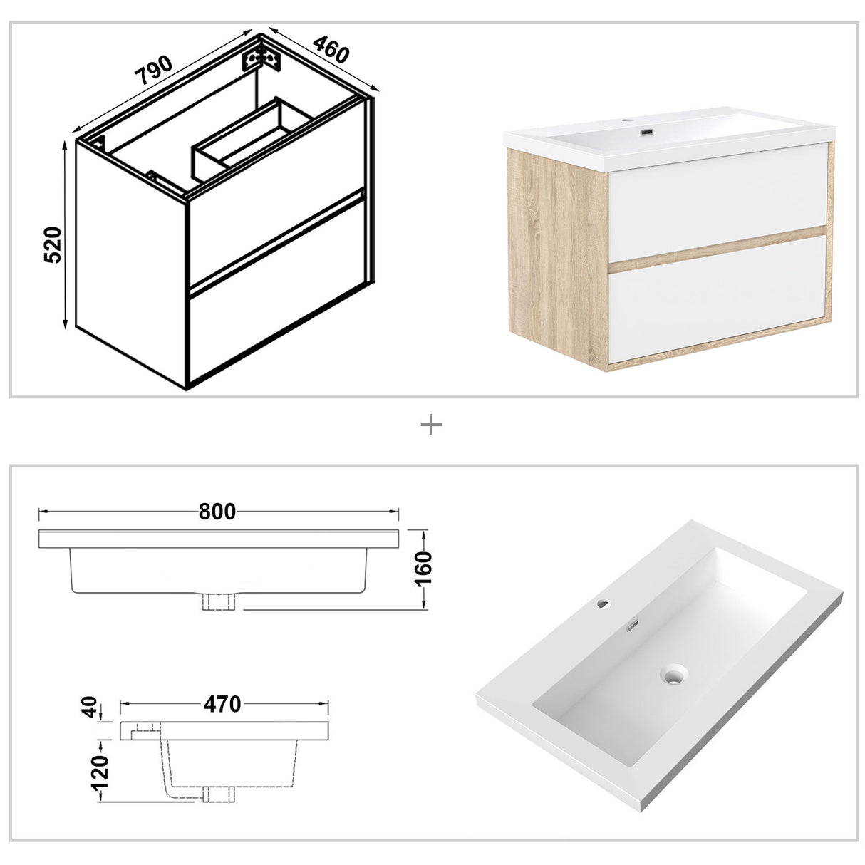 Modern Splash Wall Mounted Bathroom Vanity Unit With Artificial Stone Basin And 2 Soft Close Drawers Gloss WhiteOak 790*460*520mm