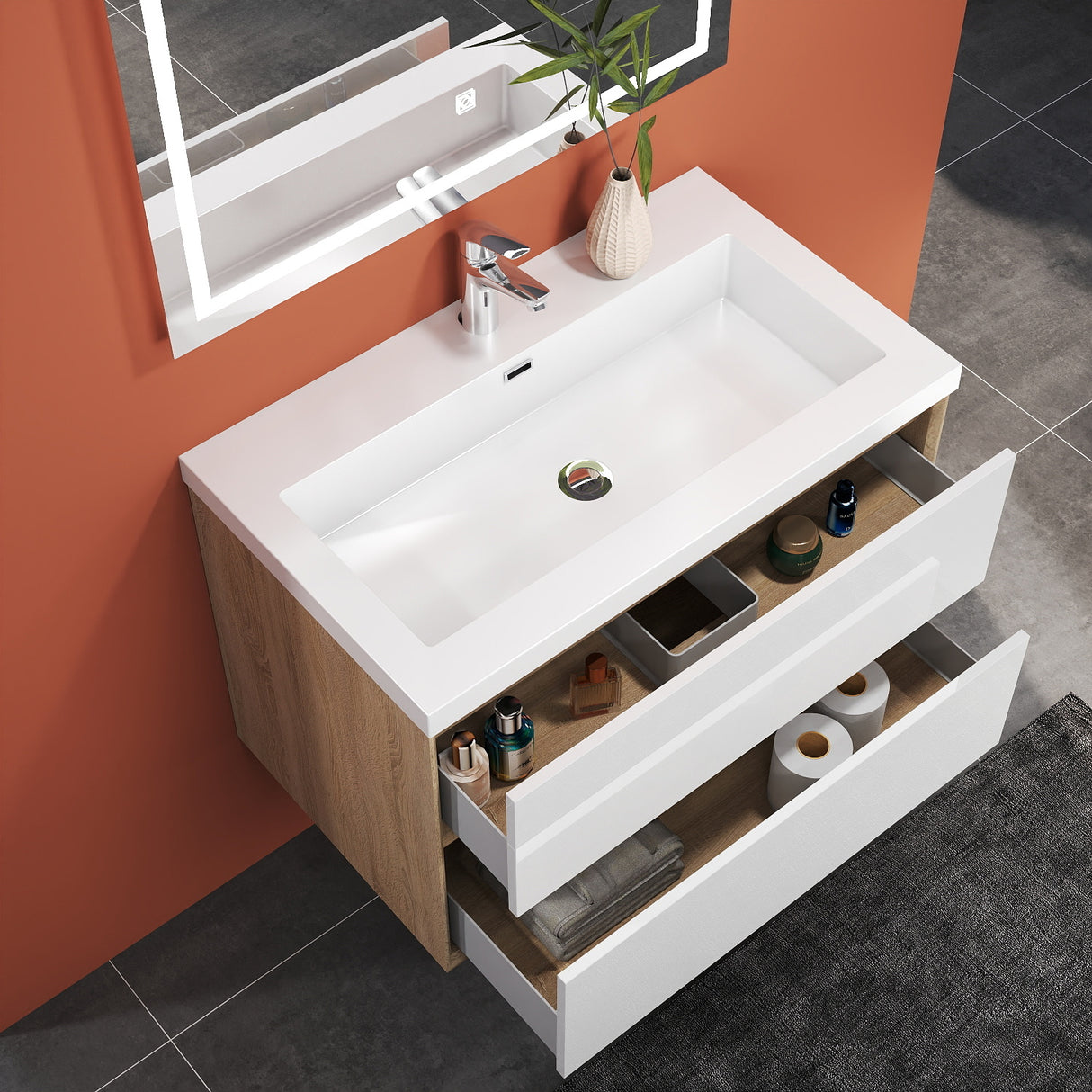 Modern Splash Wall Mounted Bathroom Vanity Unit With Artificial Stone Basin And 2 Soft Close Drawers Mat WhiteOak 790*460*520mm