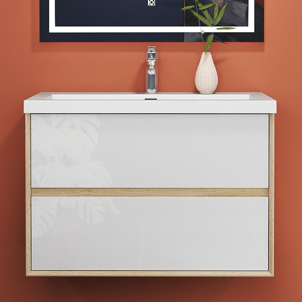 Modern Splash Wall Mounted Bathroom Vanity Unit With Artificial Stone Basin And 2 Soft Close Drawers Mat WhiteOak 790*460*520mm