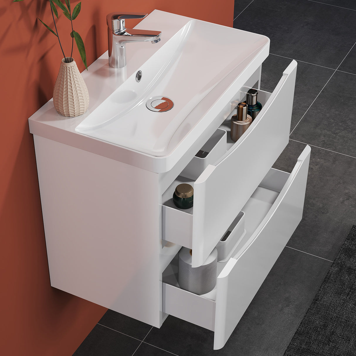 Modern Splash Wall-Mounted White Bathroom Vanity Unit With Integrated Sink And 2 Soft-Close Drawers  590*345*500mm